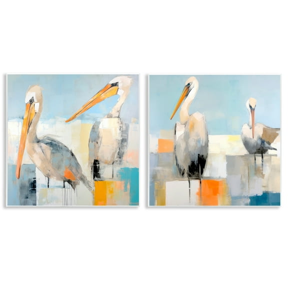 Stupell Industries Abstract Color Block Pelican Pair Animals Painting Unframed Art Print Wall Art, 12 x 12, Set of 2