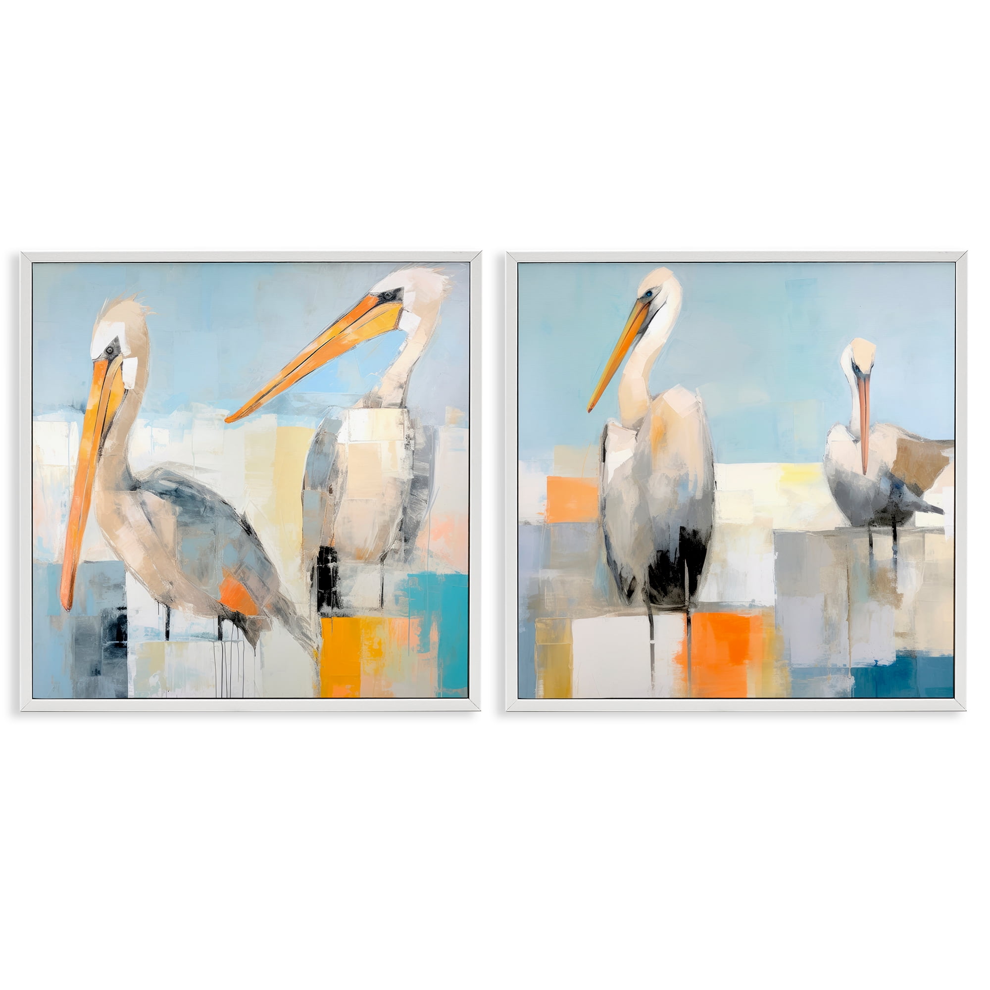 Stupell Industries Abstract Color Block Pelican Pair Animals Painting White Framed Art Print Wall Art, 24 x 24, Set of 2