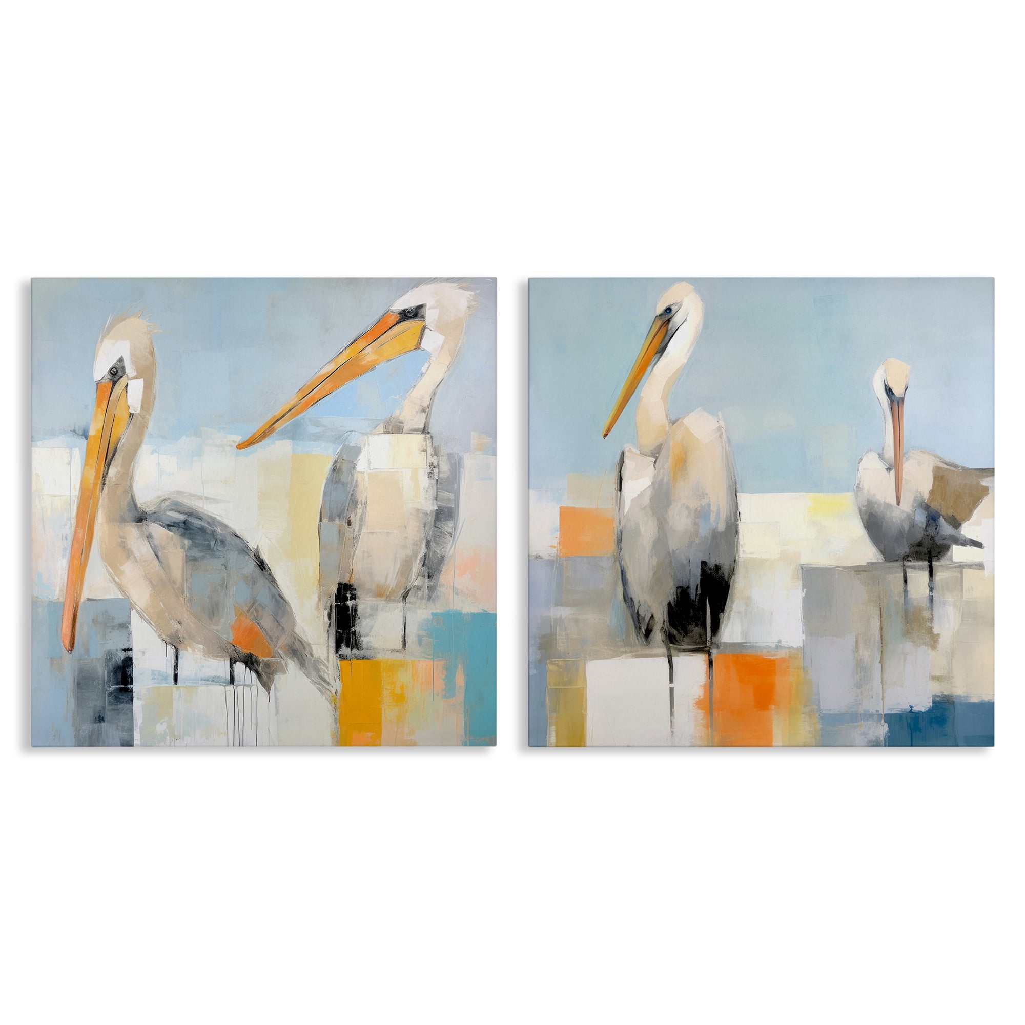 Stupell Industries Abstract Color Block Pelican Pair Animals Painting Wrapped Canvas Art Print Wall Art, 24 x 24, Set of 2