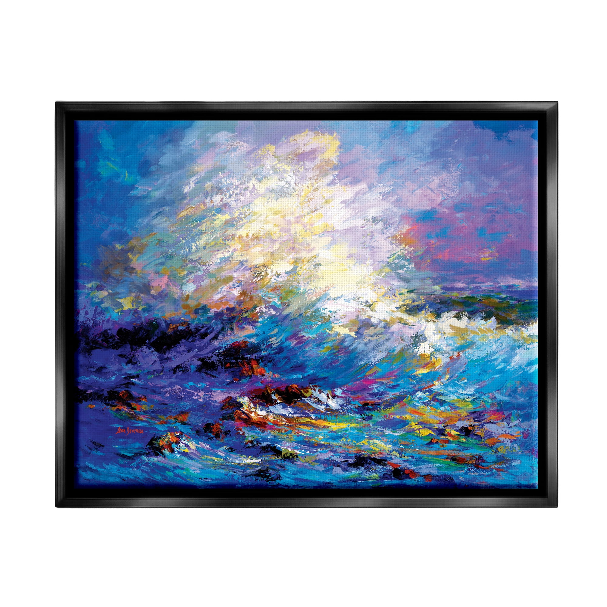Stupell Industries Abstract Colorful Ocean Waves Landscape Painting Black Floater Framed Canvas Art Print Wall Art, 31 x 25