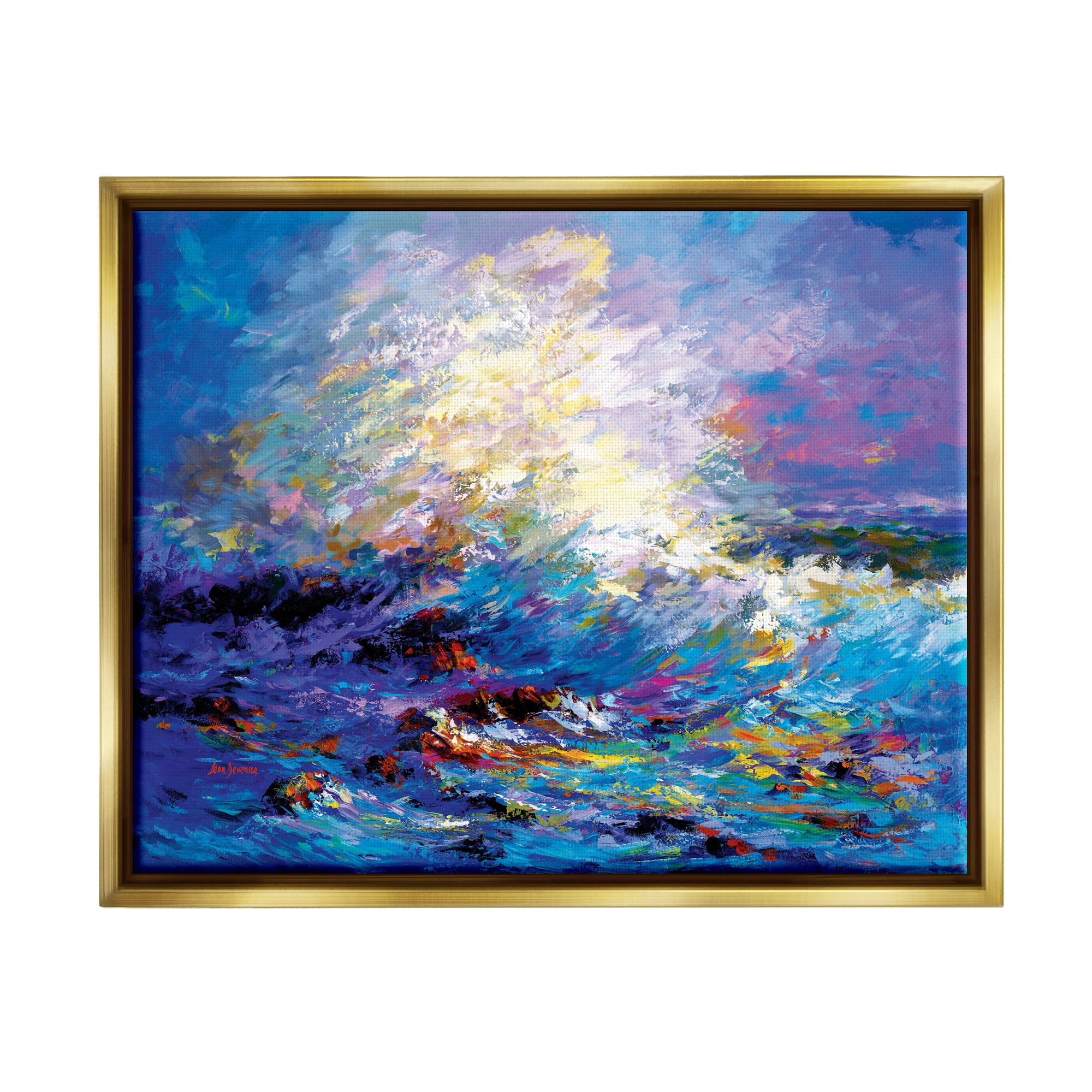 Stupell Industries Abstract Colorful Ocean Waves Landscape Painting Gold Floater Framed Canvas Art Print Wall Art, 21 x 17