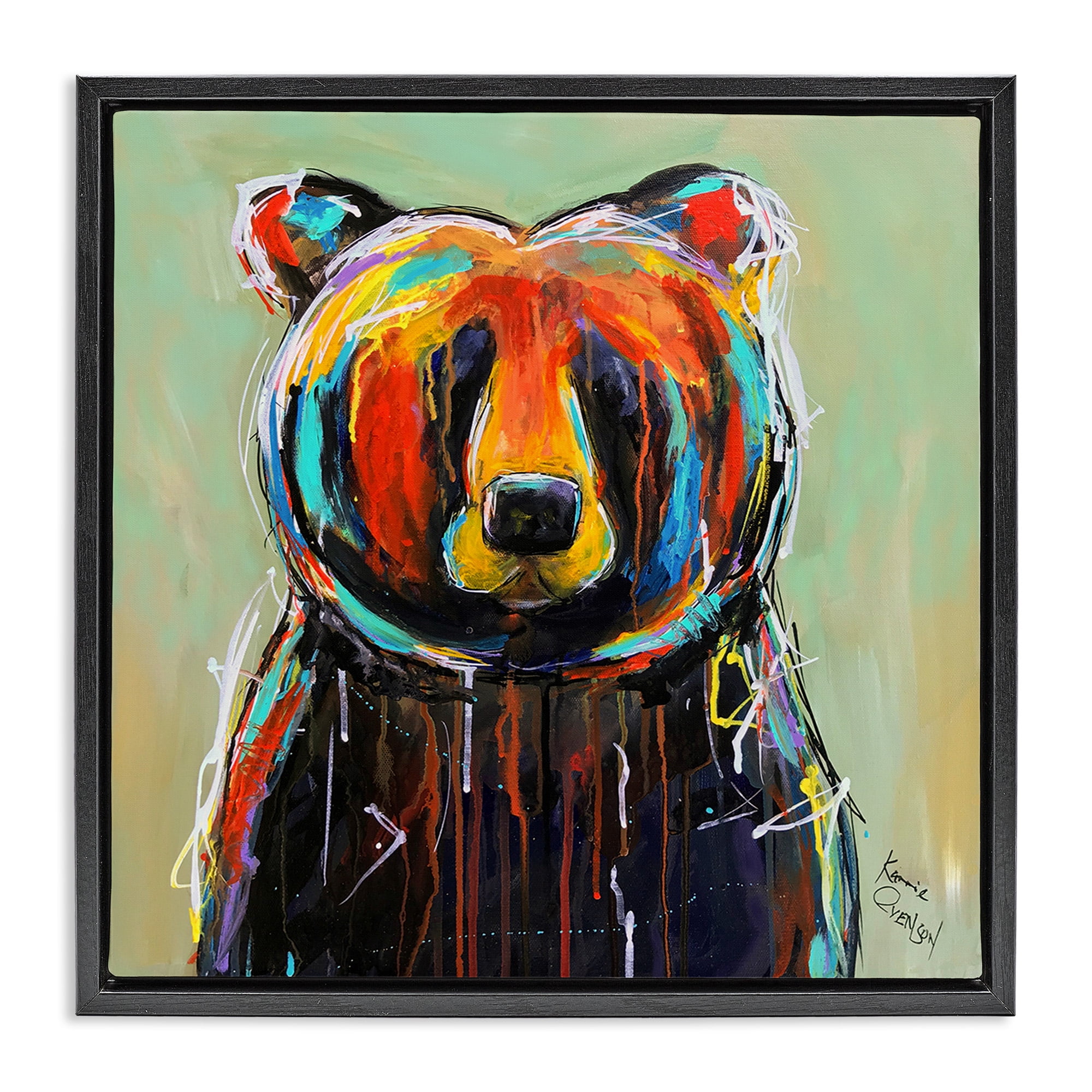 Stupell Industries Abstract Colorful Painted Black Bear Animals & Insects Painting Black Floater Framed Canvas Art Print Wall Art, 25 x 25