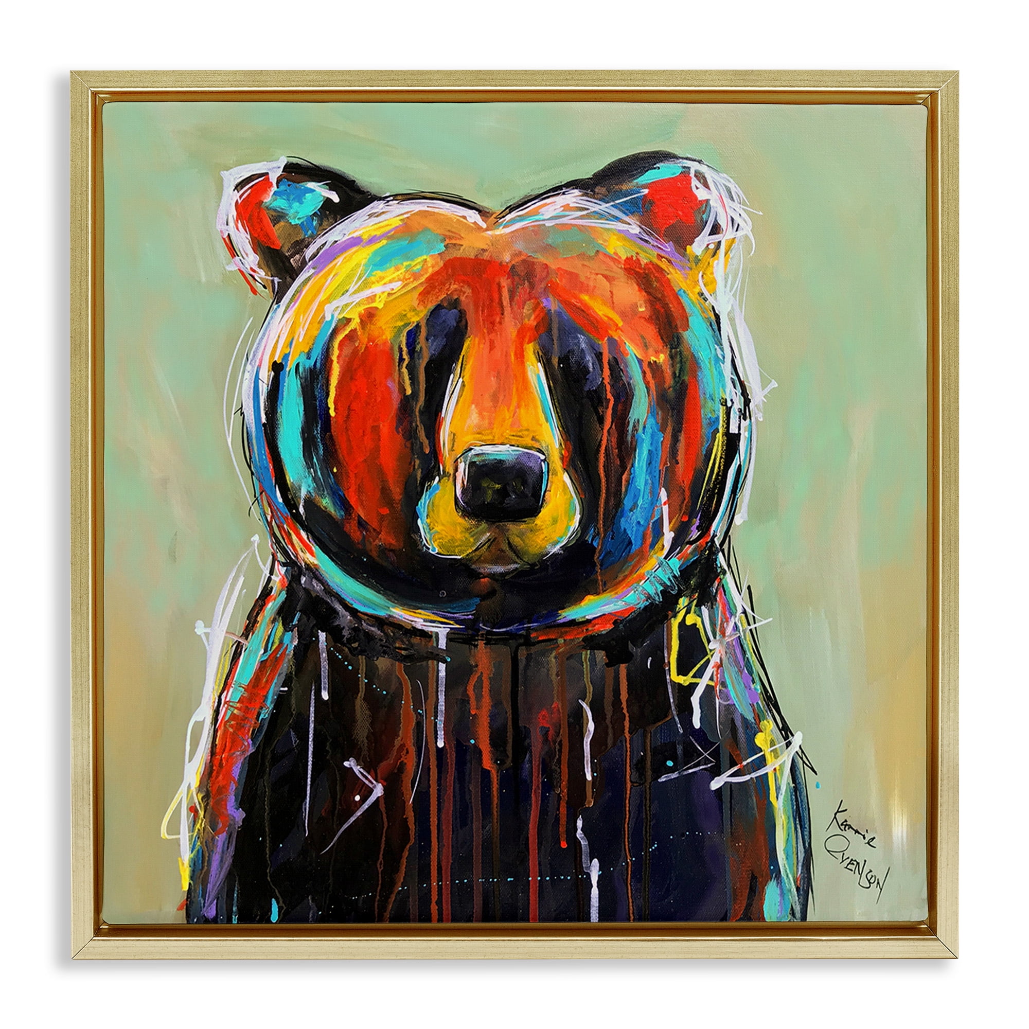 Stupell Industries Abstract Colorful Painted Black Bear Animals & Insects Painting Gold Floater Framed Canvas Art Print Wall Art, 25 x 25