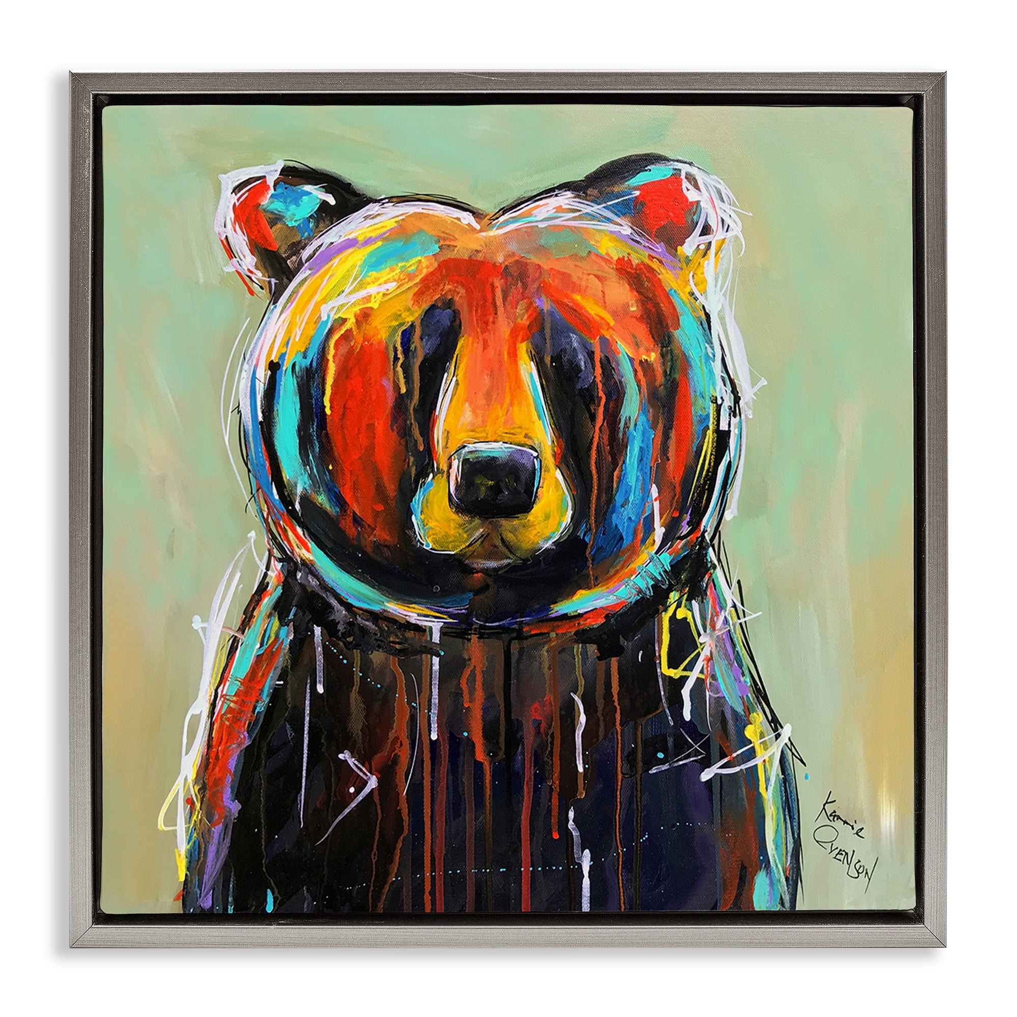 Stupell Industries Abstract Colorful Painted Black Bear Animals & Insects Painting Gray Floater Framed Canvas Art Print Wall Art, 18 x 18