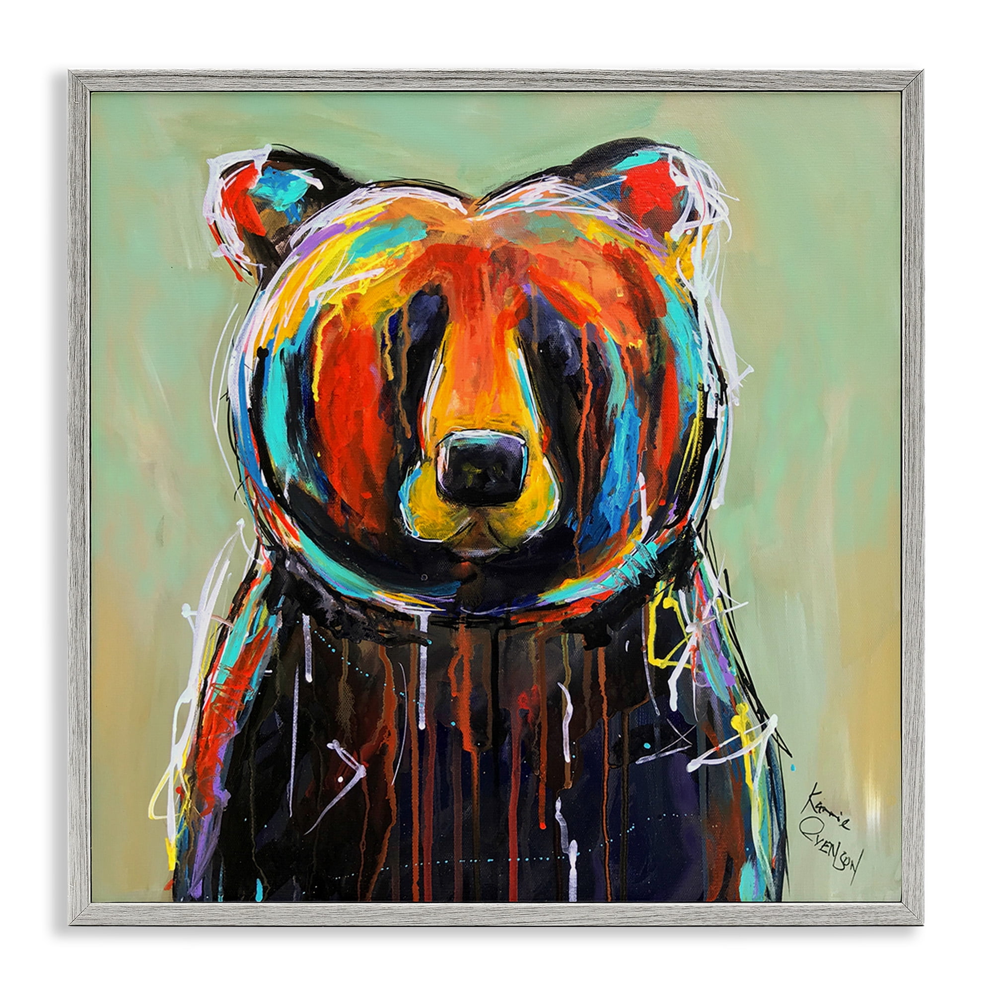Stupell Industries Abstract Colorful Painted Black Bear Animals & Insects Painting Gray Framed Art Print Wall Art, 17 x 17