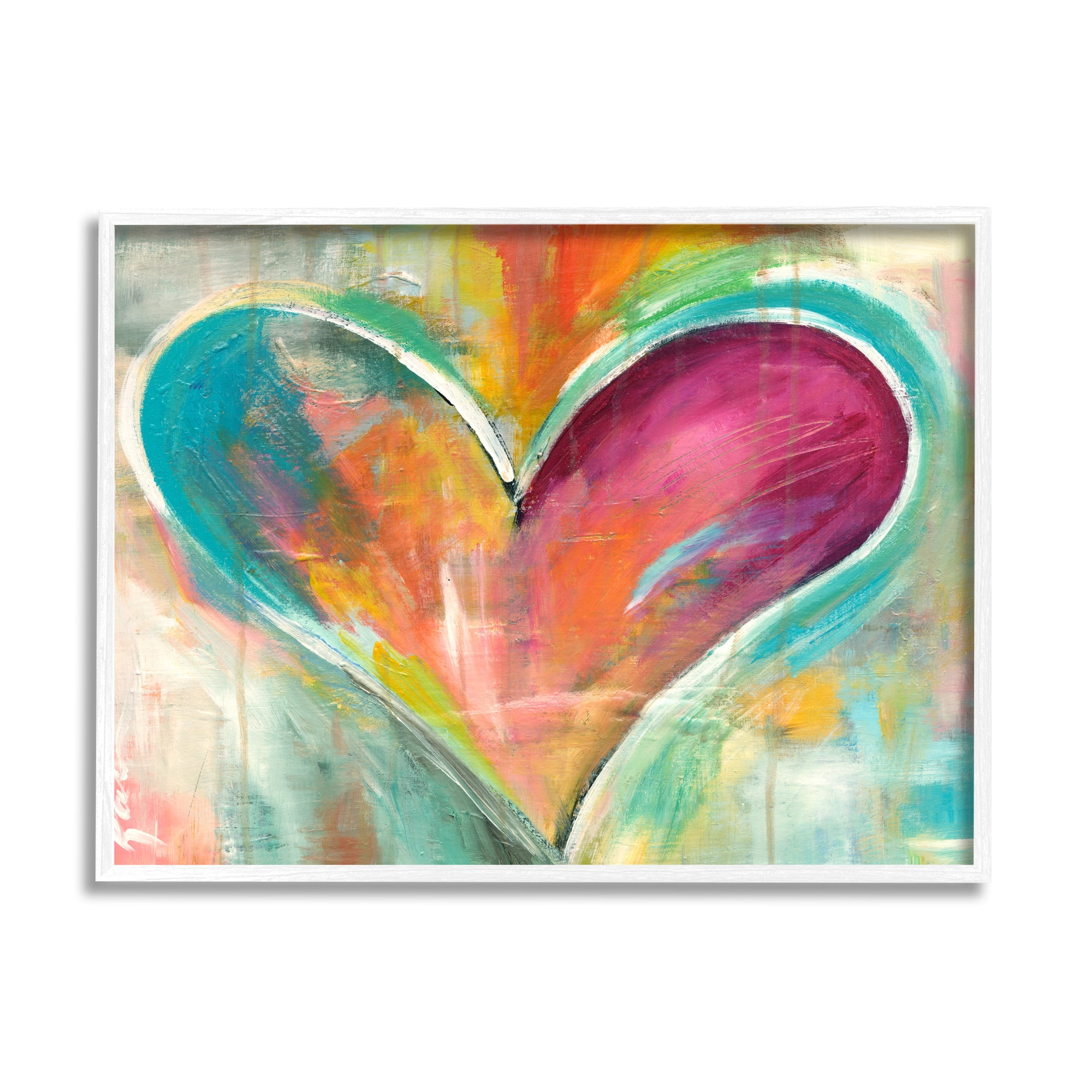 Colorful Abstract Heart Painting with White Wood Frame, 24 x 30 Inches
