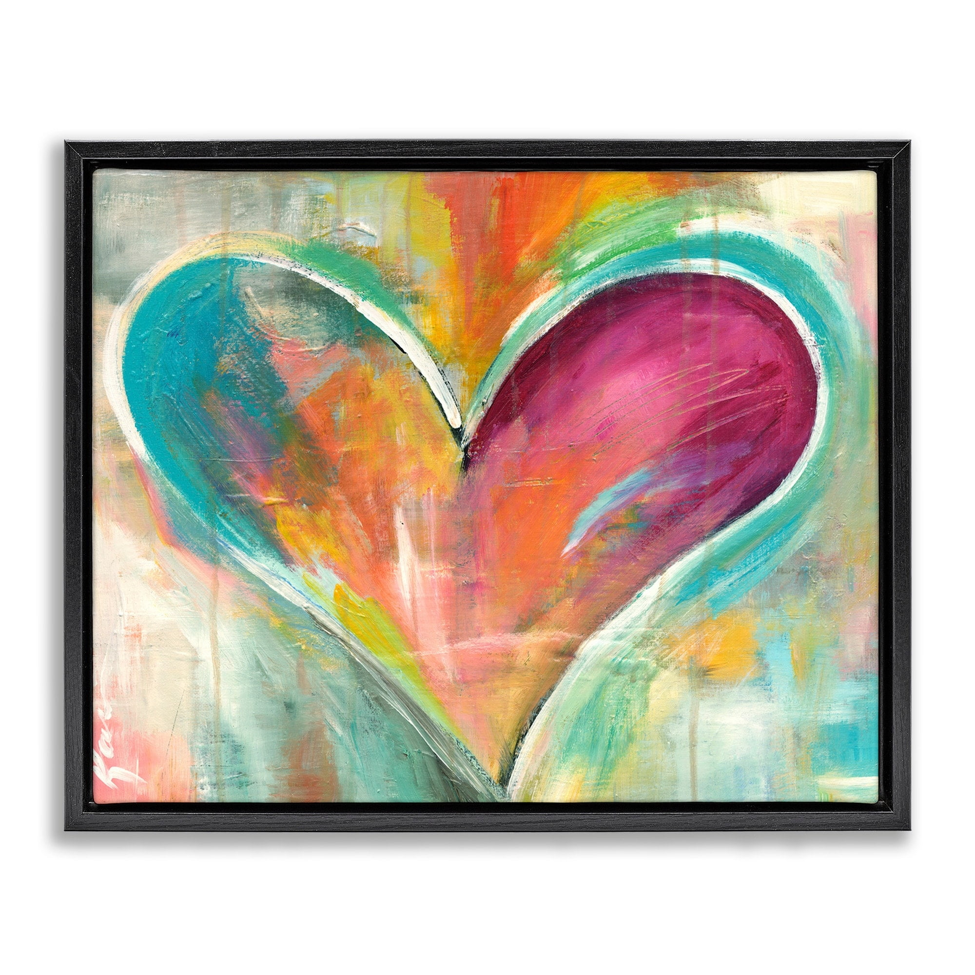 Stupell Industries Abstract Colorful Textural Heart Painting Jet Black Framed Floating Canvas Wall Art, 24x30, by Kami Lerner