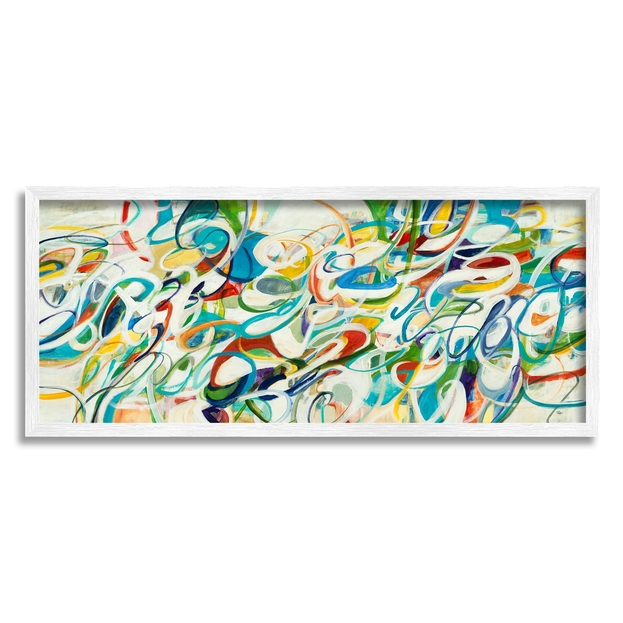 Stupell Industries Abstract Complexity Energetic Blue Green White Curved Lines Global Painting White Framed Art Print Wall Art, 13 x 30, Design by Lisa Ridgers