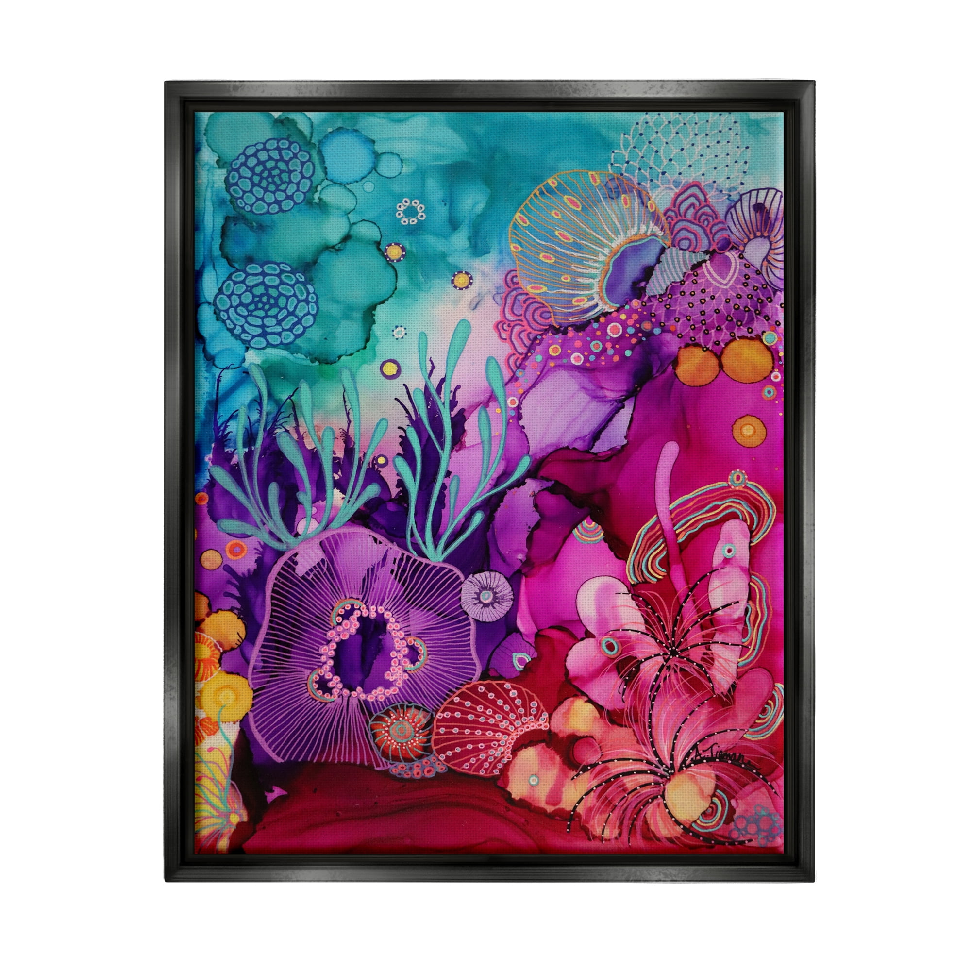 Stupell Industries Abstract Coral Pattern Abstract Painting Black Floater Framed Canvas Art Print Wall Art, 25 x 31