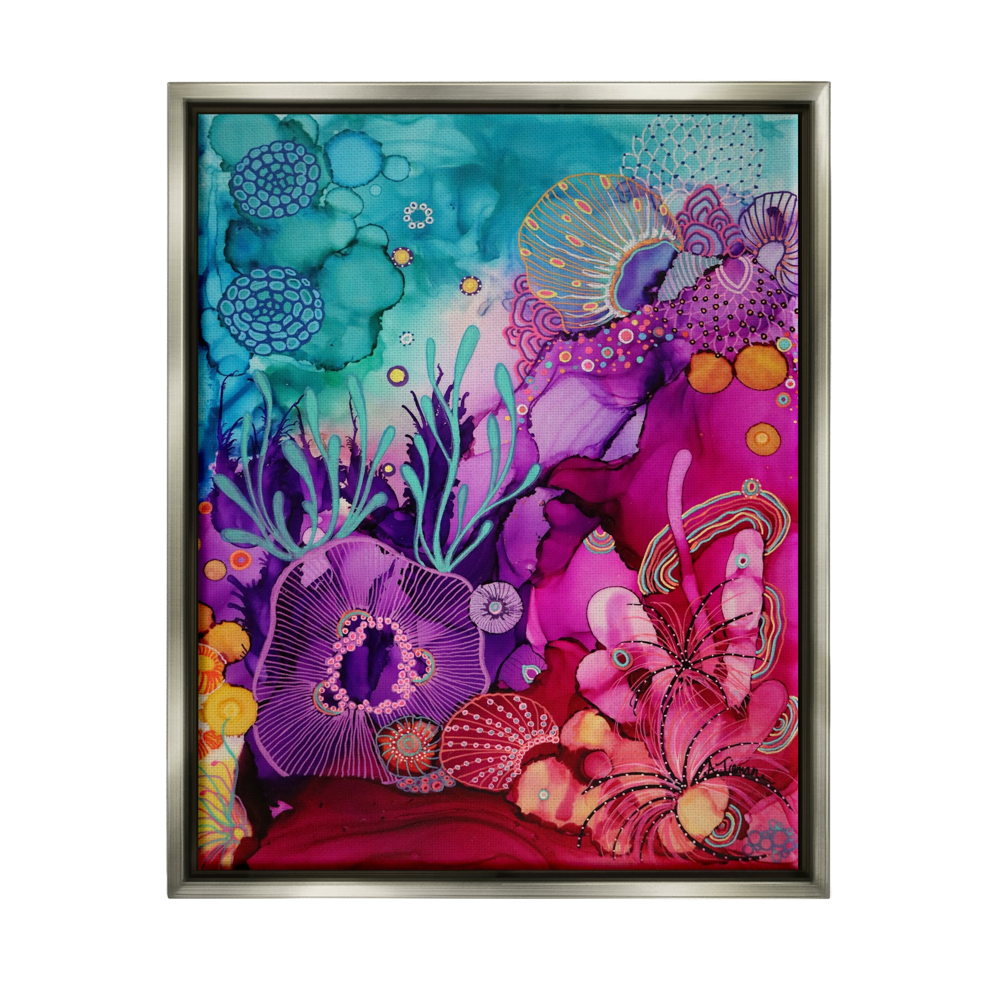 Stupell Industries Abstract Coral Pattern Abstract Painting Gray Floater Framed Canvas Art Print Wall Art, 17 x 21