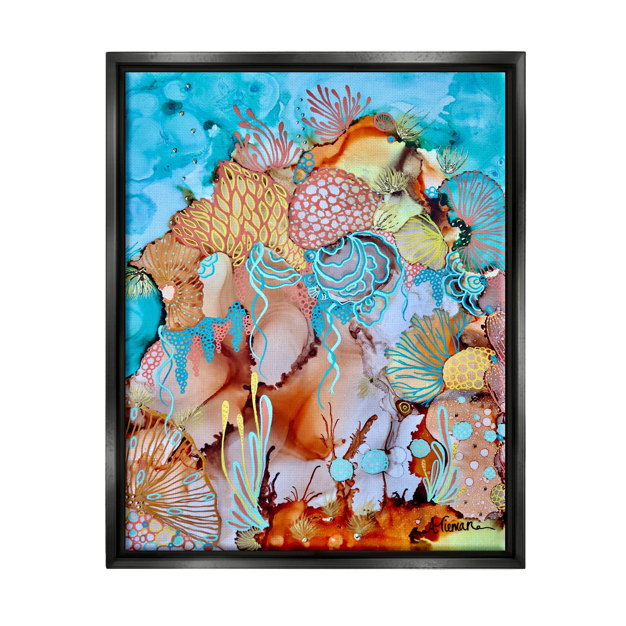 Stupell Industries Abstract Coral Reef Pattern Abstract Painting Black Floater Framed Canvas Art Print Wall Art, 17 x 21