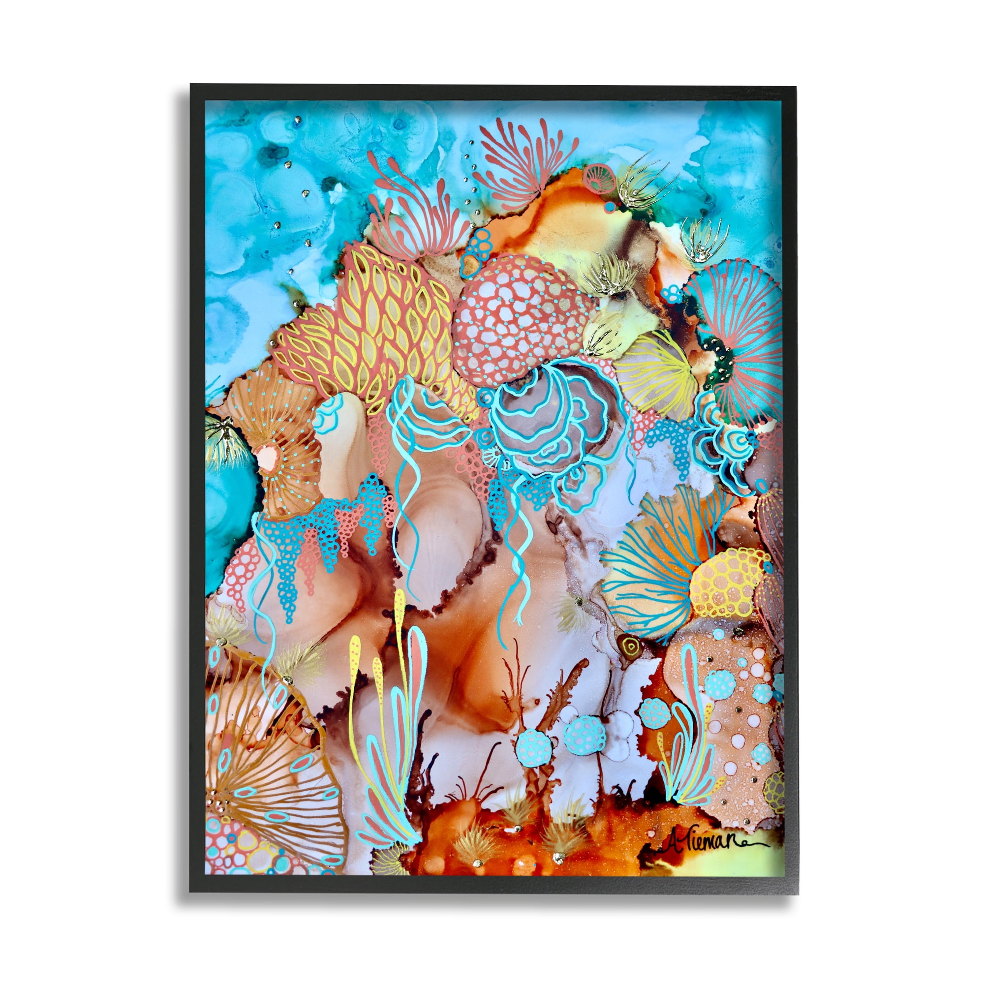 Stupell Industries Abstract Coral Reef Pattern Abstract Painting Black Framed Art Print Wall Art, 16 x 20