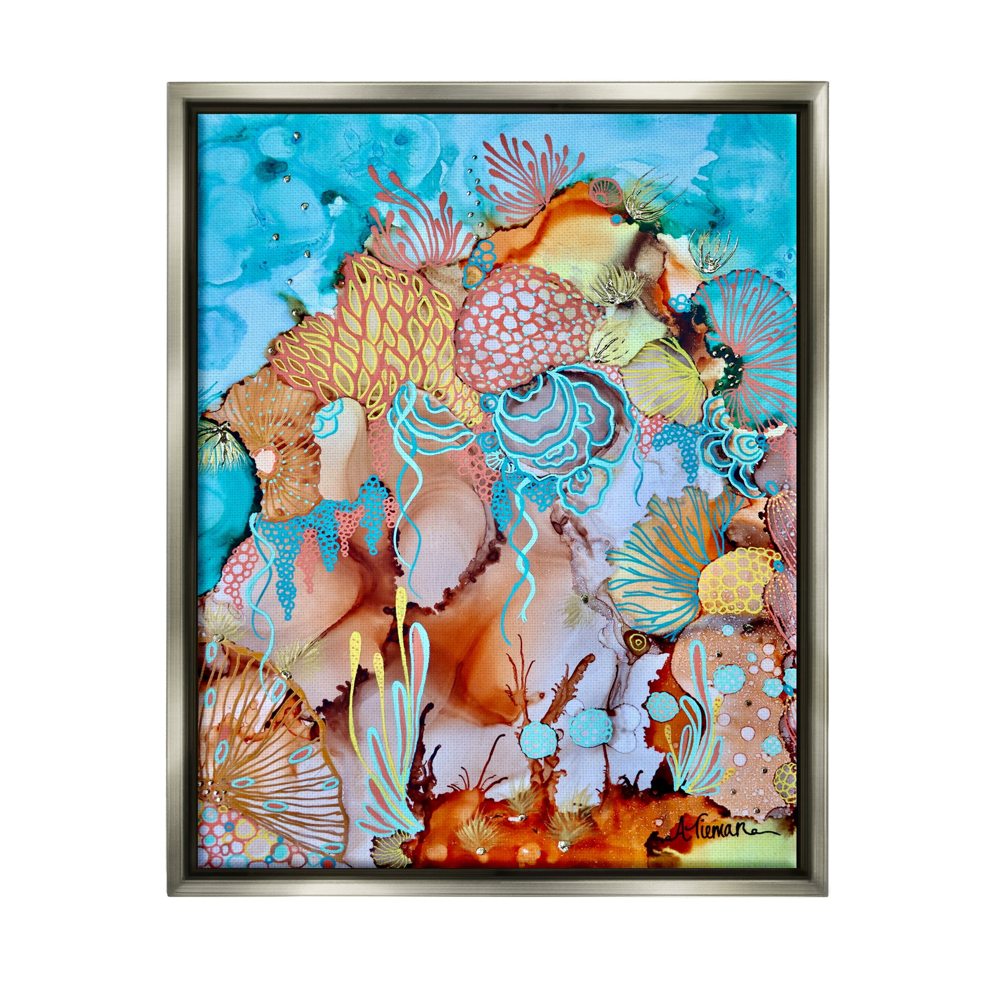 Stupell Industries Abstract Coral Reef Pattern Abstract Painting Gray Floater Framed Canvas Art Print Wall Art, 25 x 31
