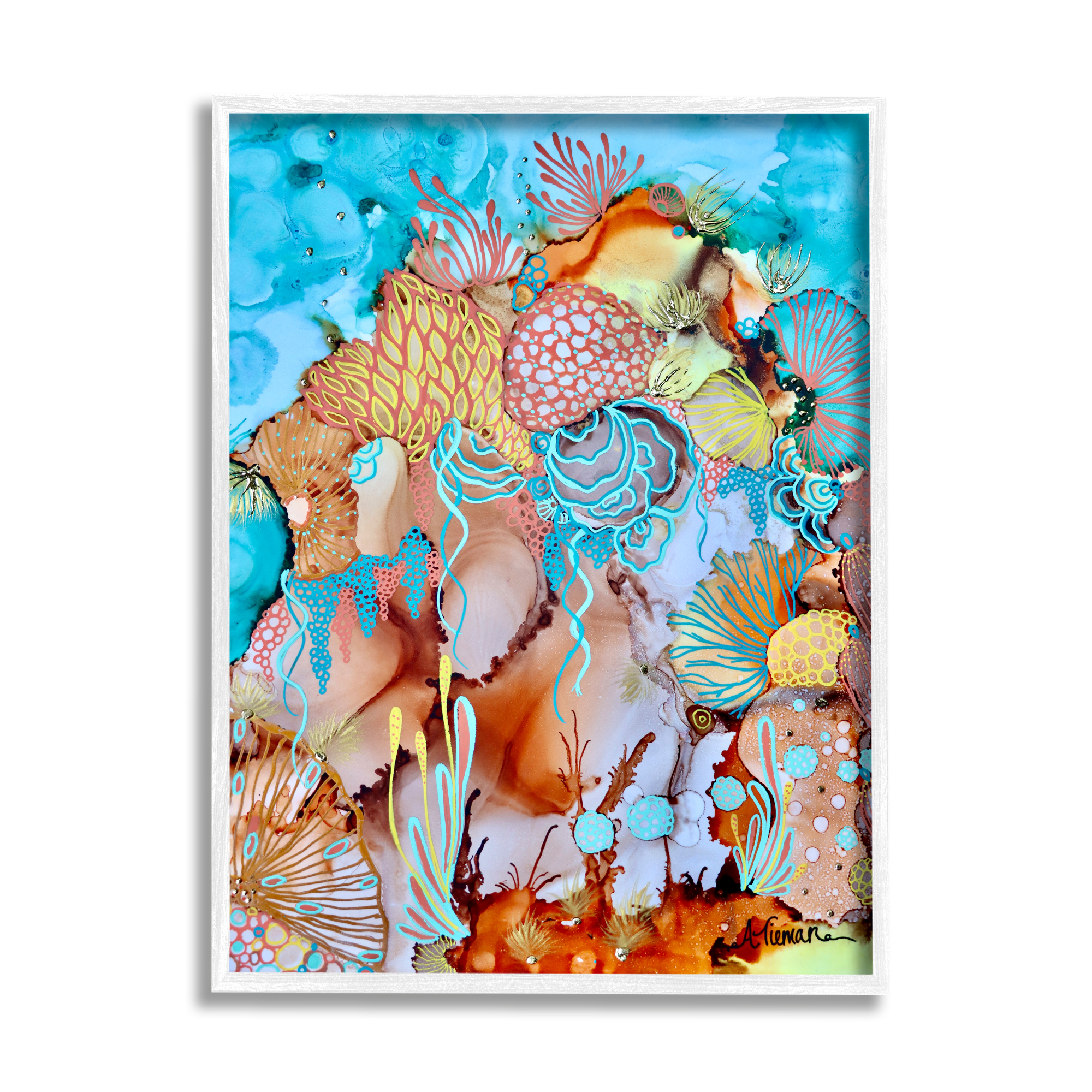 Stupell Industries Abstract Coral Reef Pattern Abstract Painting White Framed Art Print Wall Art, 11 x 14