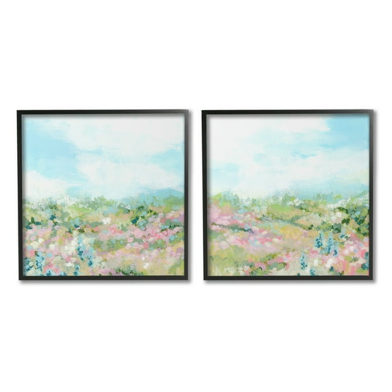 Stupell Industries Abstract Cottage Meadow Landscape Painting Black Framed Art Print Wall Art, 17 x 17, Set of 2