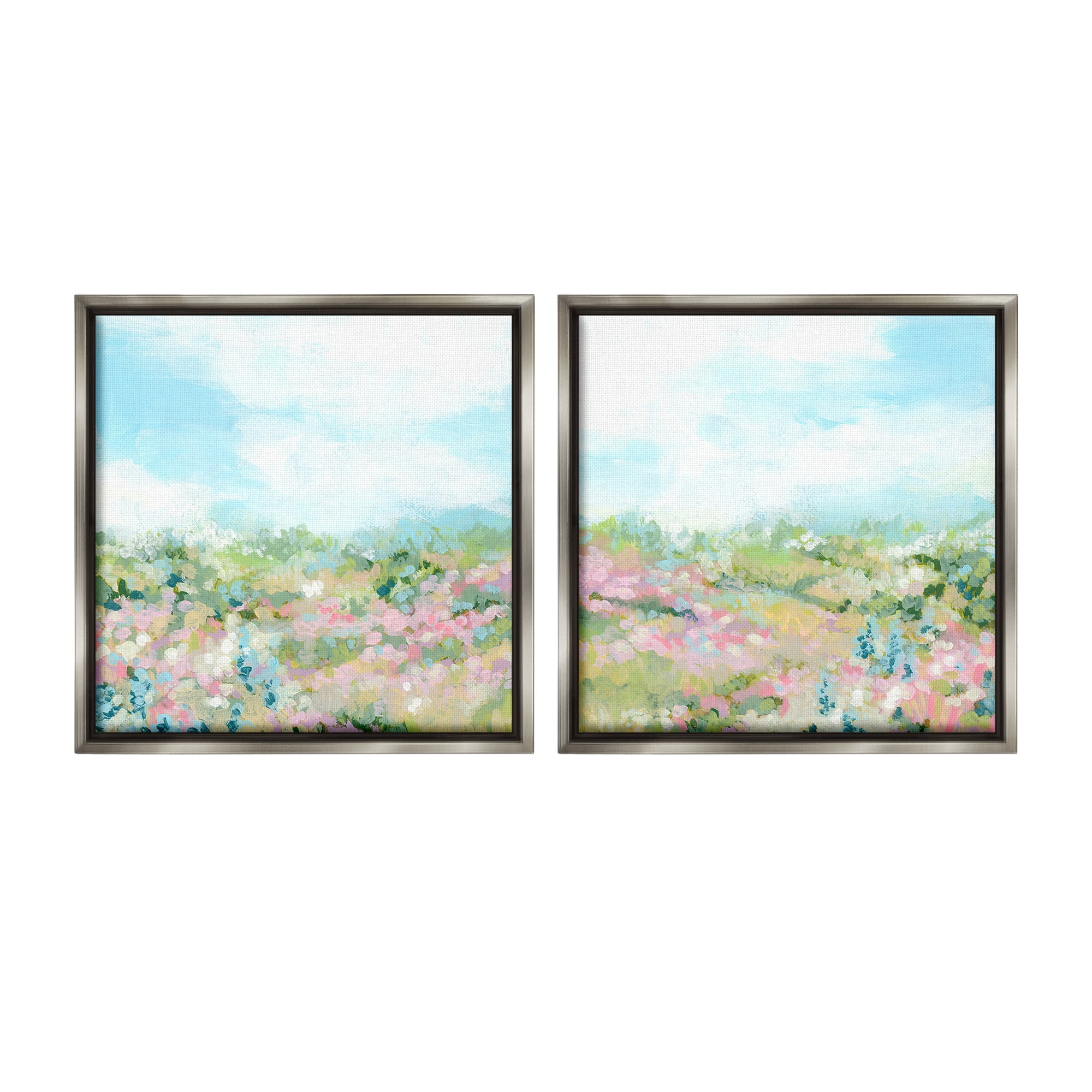 Stupell Industries Abstract Cottage Meadow Landscape Painting Gray Floater Framed Canvas Art Print Wall Art, 18 x 18, Set of 2