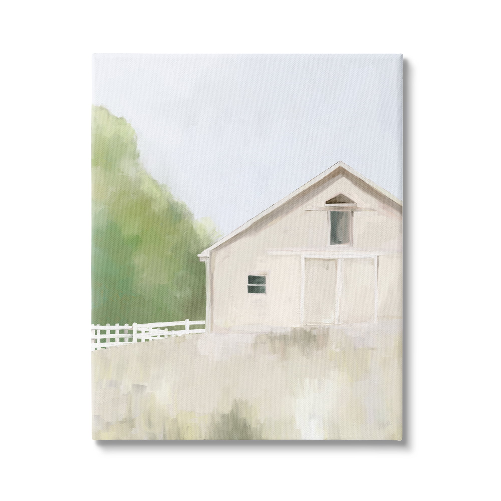 Large Beige and Green Abstract Barn Canvas Wall Art