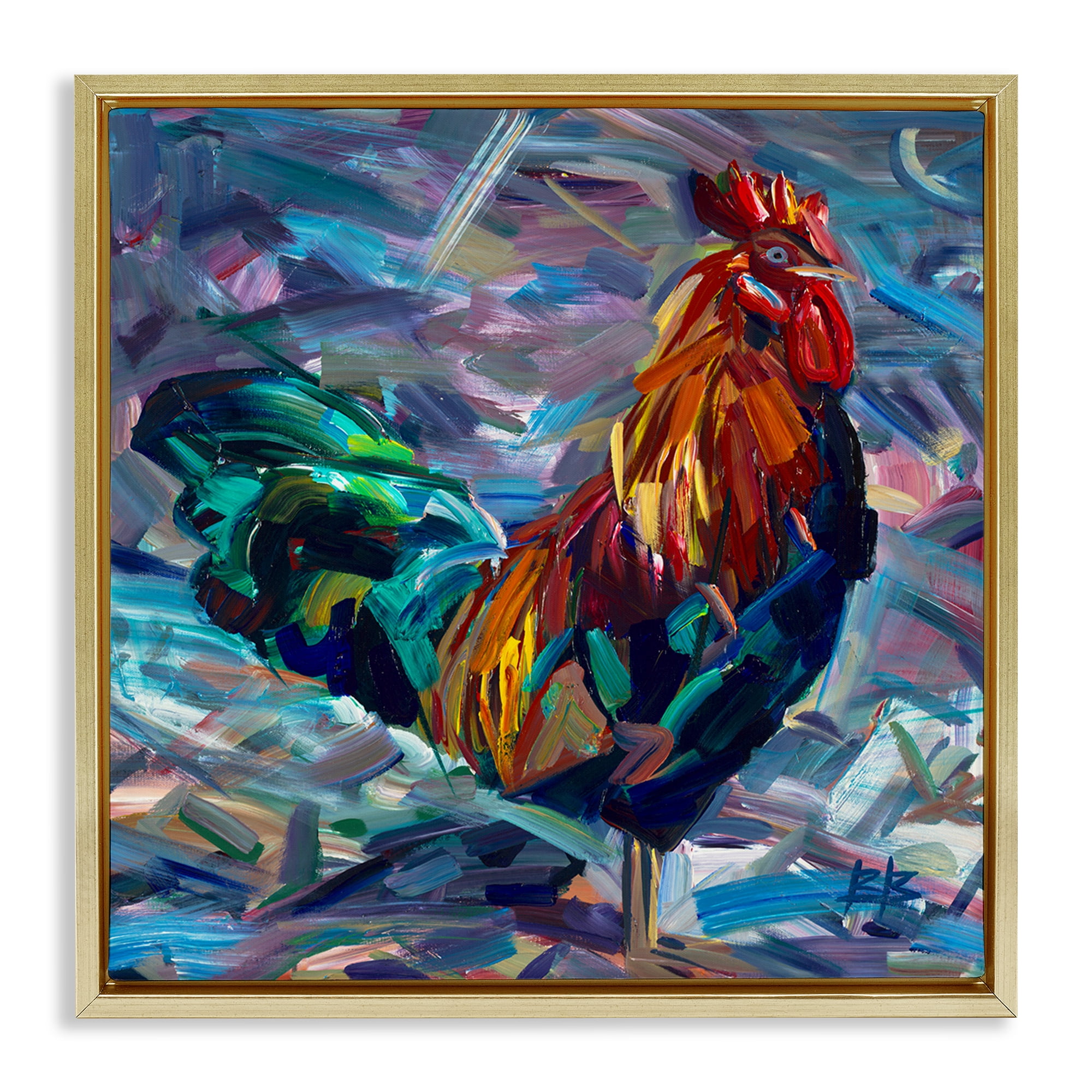 Stupell Industries Abstract Crosshatch Rooster Animals & Insects Painting Gold Floater Framed Canvas Art Print Wall Art, 18 x 18