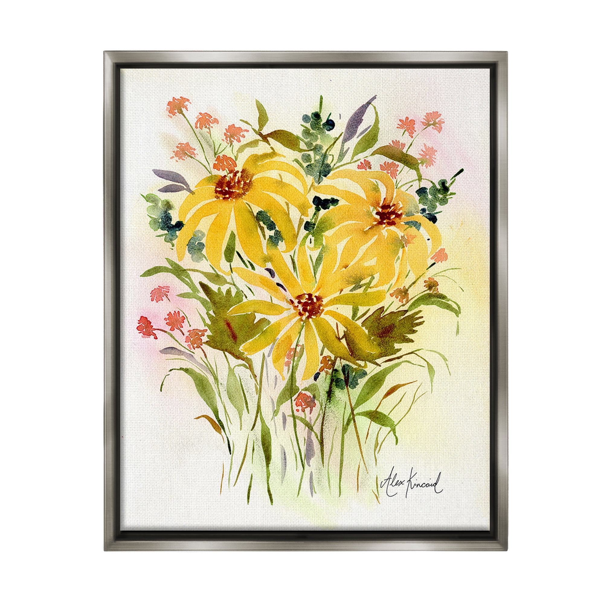 Stupell Industries Abstract Daisy Bunches Botanical & Floral Painting Gray Floater Framed Canvas Art Print Wall Art, 17 x 21