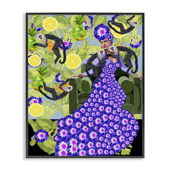Stupell Industries Art Deco Abstract Dress Frida Fashion Flower Pattern Botanical Monkeys Black Framed Giclee Art, 16 x 20, by Lynnda Rakos