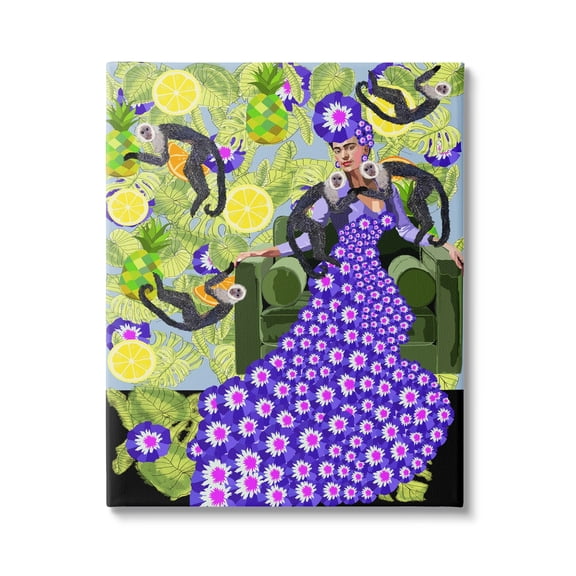 Stupell Industries Abstract Dress Frida Fashion Flower Pattern Botanical Monkeys Graphic Art Gallery-Wrapped Canvas Print Wall Art, 30x40, by Lynnda Rakos
