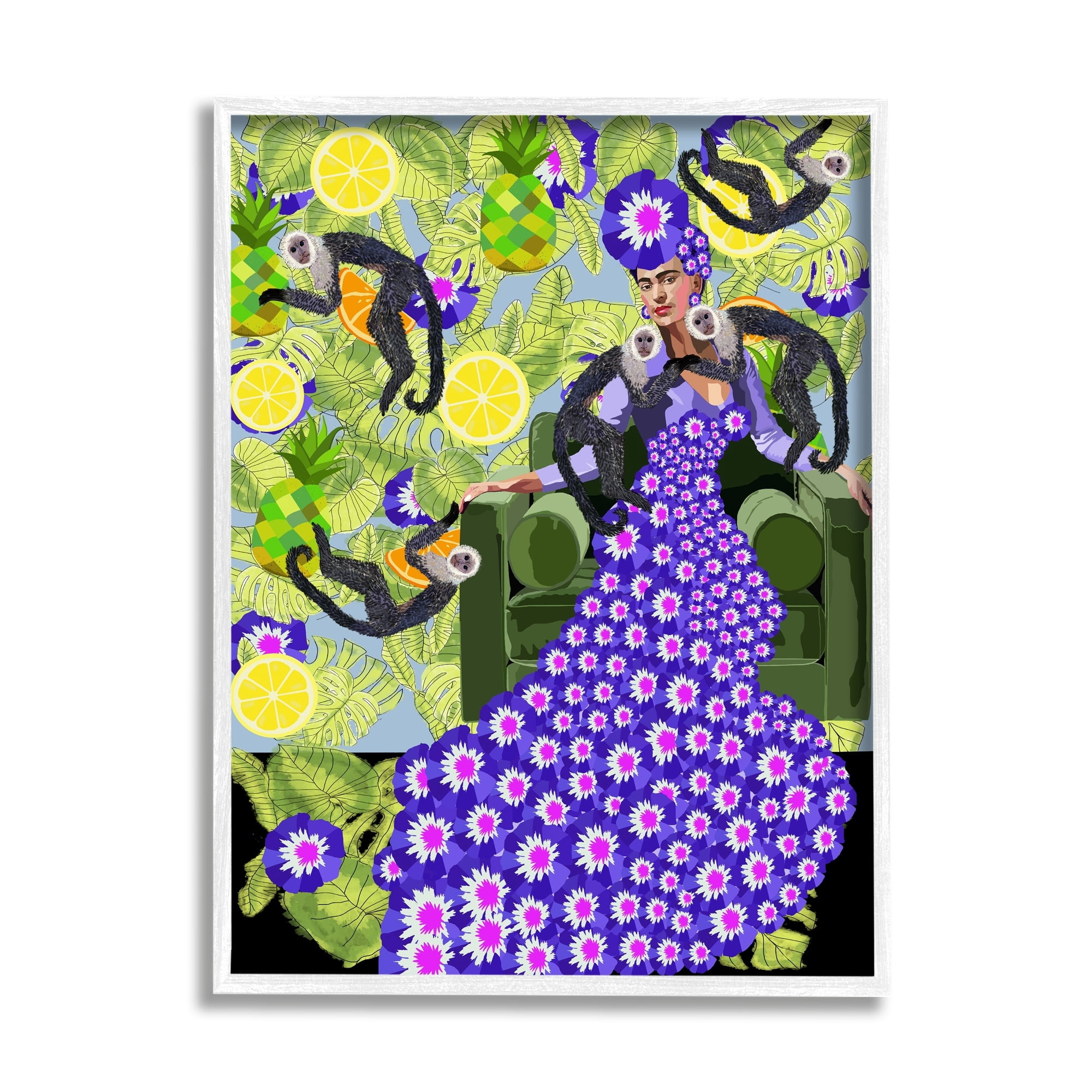 Stupell Industries Abstract Dress Frida Fashion Flower Pattern Botanical Monkeys Graphic Art White Framed Art Print Wall Art, 11x14, by Lynnda Rakos
