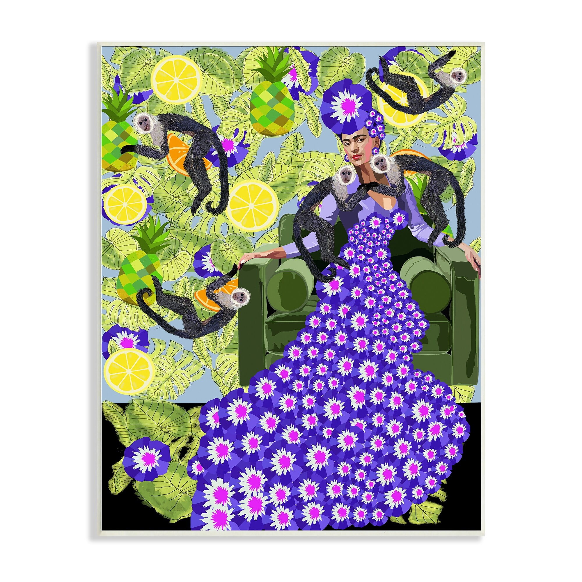 Stupell Industries Abstract Dress Frida Fashion Flower Pattern Botanical Monkeys  Wood Wall Art - Purple 10 x15