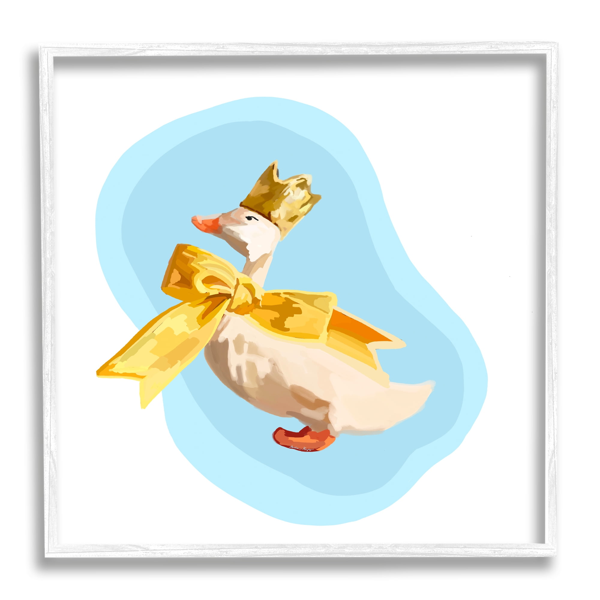 White Framed Abstract Duck with Yellow Bow Canvas Print for Nursery