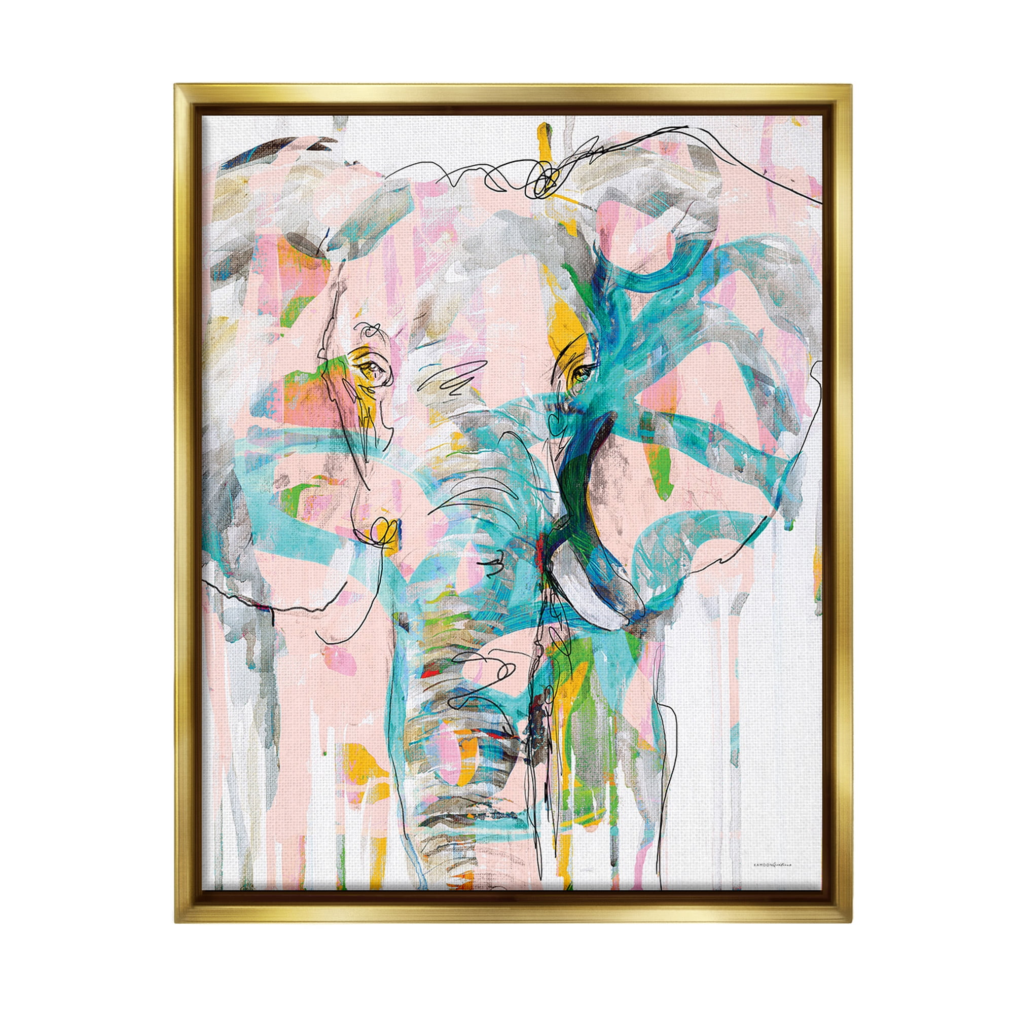 Stupell Industries Abstract Elephant Doodle Animals & Insects Painting Gold Floater Framed Canvas Art Print Wall Art, 17 x 21