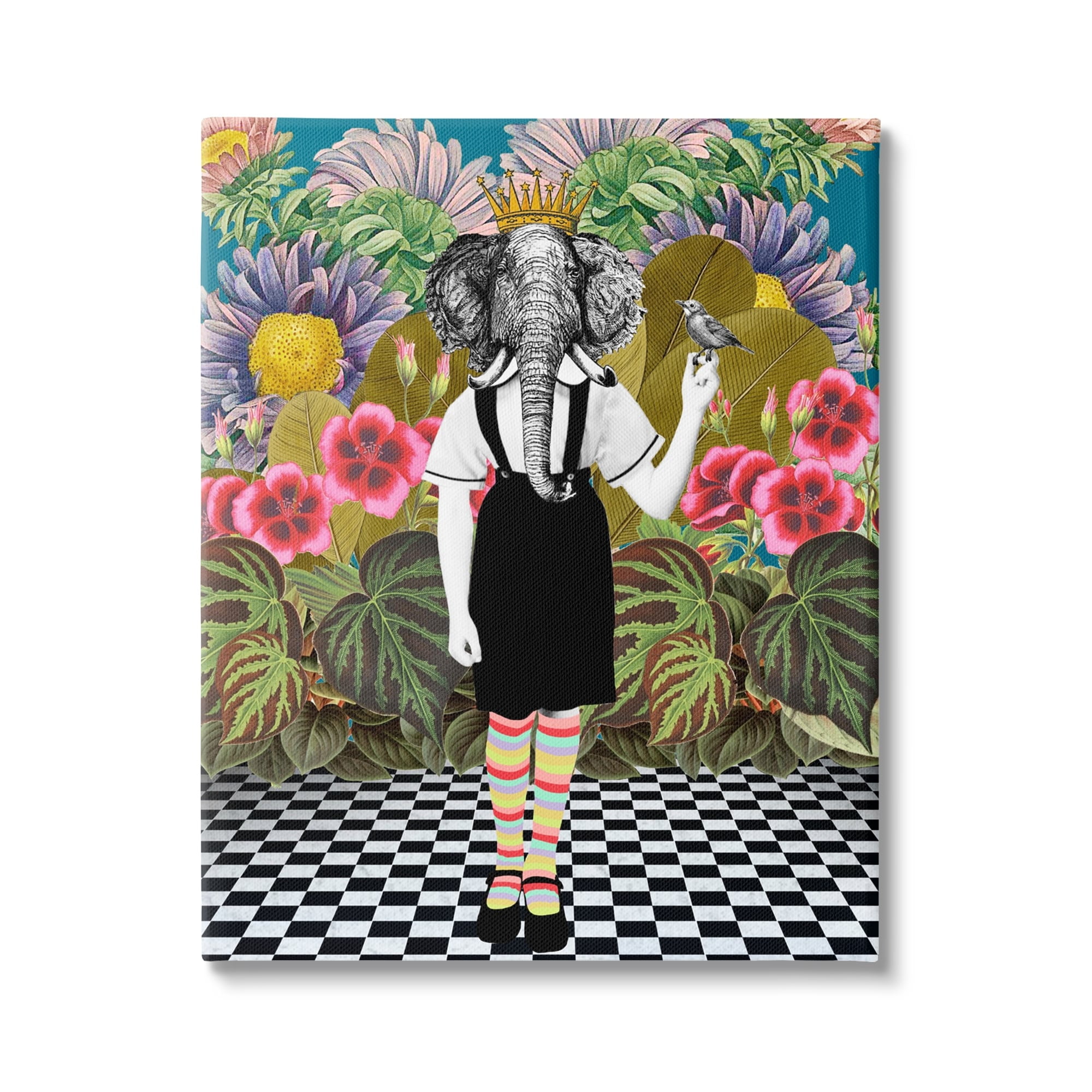 Stupell Industries Abstract Elephant Person Pop Style Checkered Botanicals Canvas Wall Art, 16 x 20, Design by Erika C. Brothers