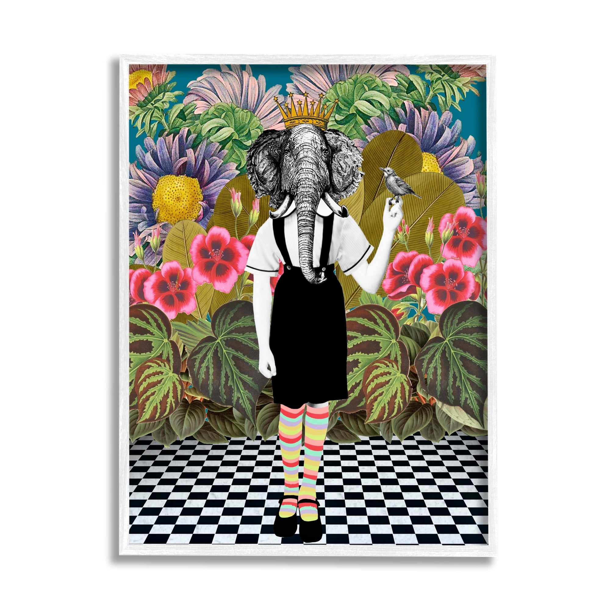 Stupell Industries Abstract Elephant Person Pop Style Checkered Botanicals Framed Wall Art, 11 x 14, Design by Erika C. Brothers