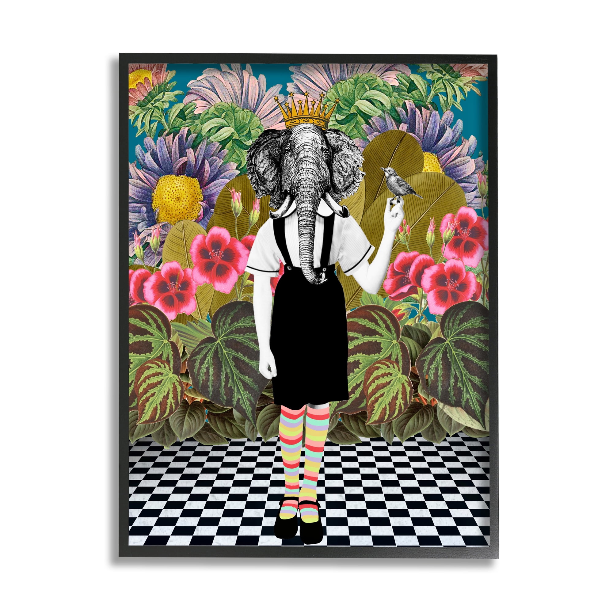 Stupell Industries Abstract Elephant Person Pop Style Checkered Botanicals Framed Wall Art, 16 x 20, Design by Erika C. Brothers