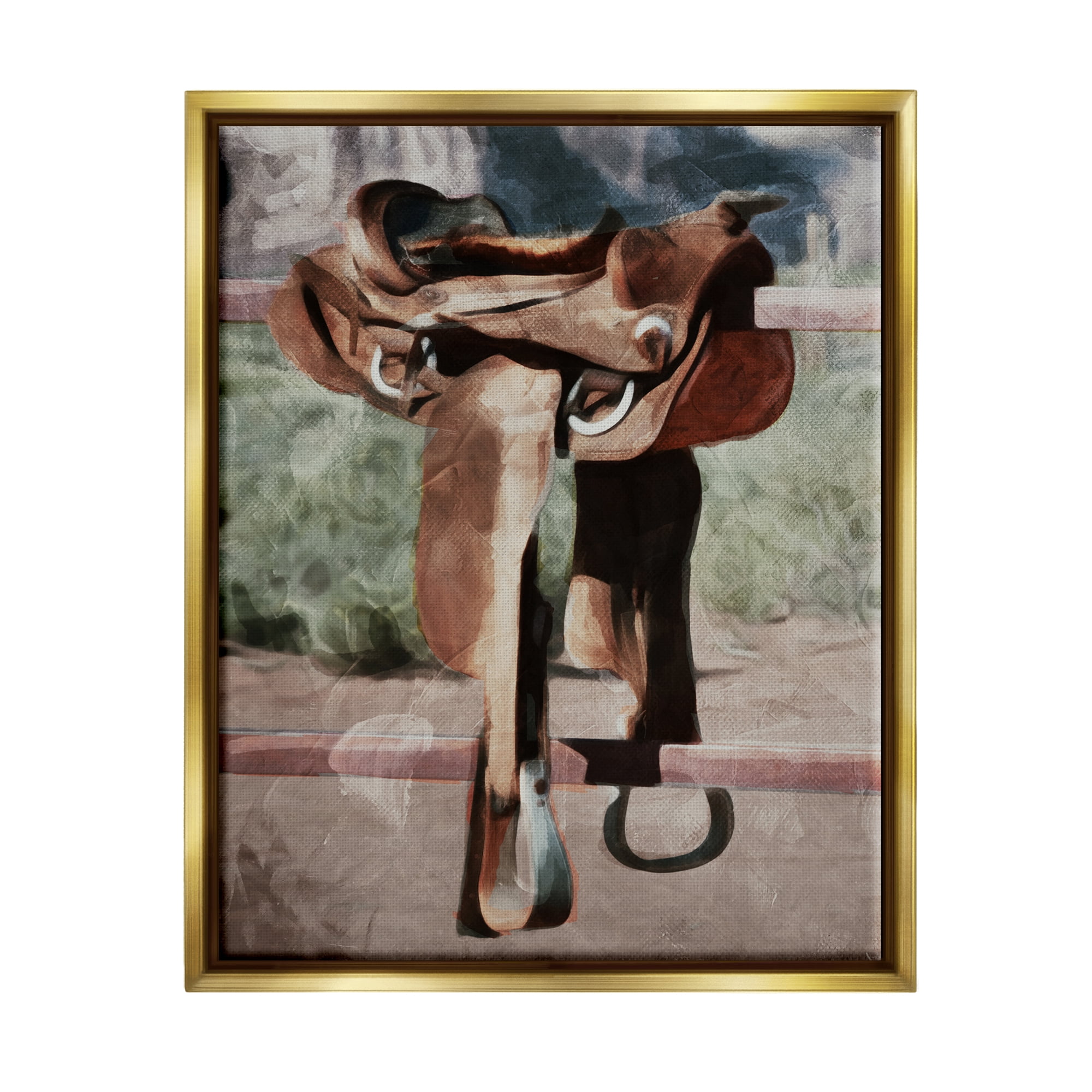 Stupell Industries Abstract Equestrian Saddle Landscape Painting Gold Floater Framed Canvas Art Print Wall Art, 17 x 21