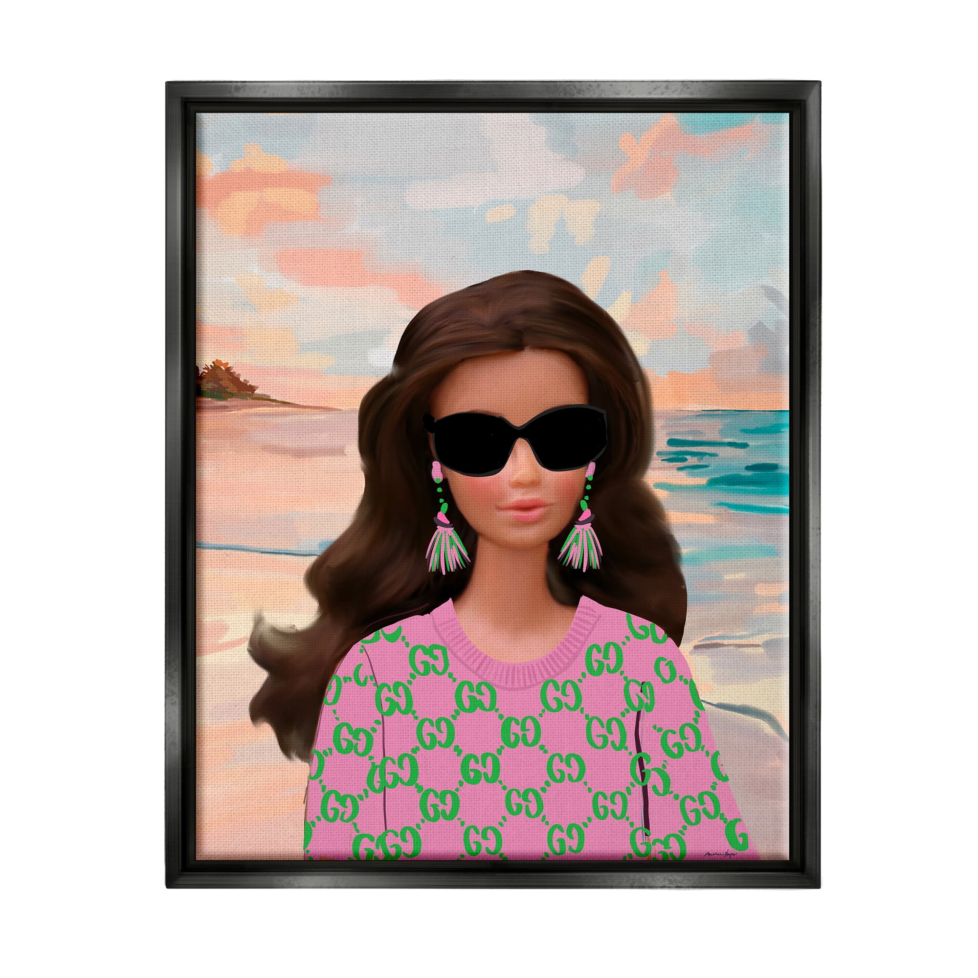 Stupell Industries Abstract Fashionista on Beach Landscape Painting Black Floater Framed Canvas Art Print Wall Art, 17 x 21