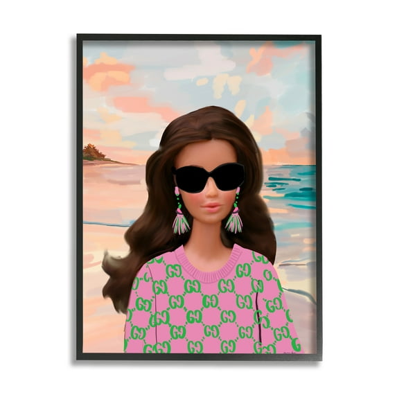 Stupell Industries Abstract Fashionista on Beach Landscape Painting Black Framed Art Print Wall Art, 11 x 14