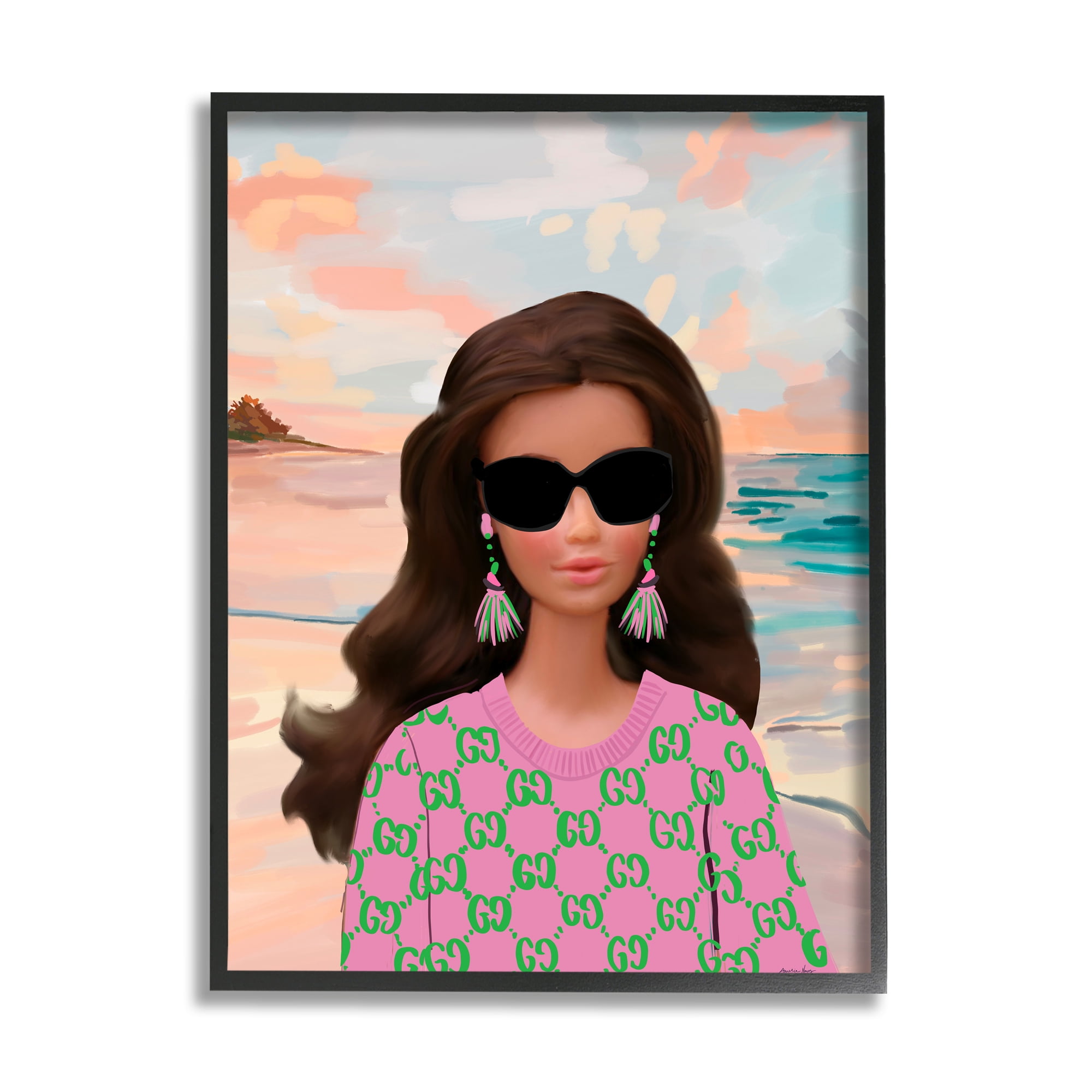 Stupell Industries Abstract Fashionista on Beach Landscape Painting Black Framed Art Print Wall Art, 24 x 30