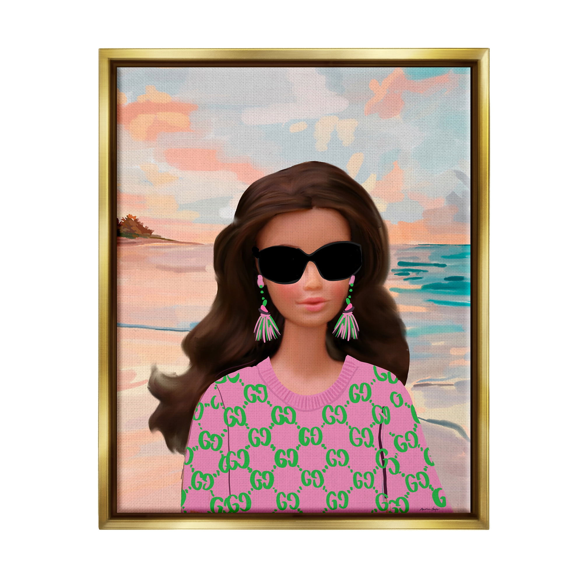 Stupell Industries Abstract Fashionista on Beach Landscape Painting Gold Floater Framed Canvas Art Print Wall Art, 25 x 31