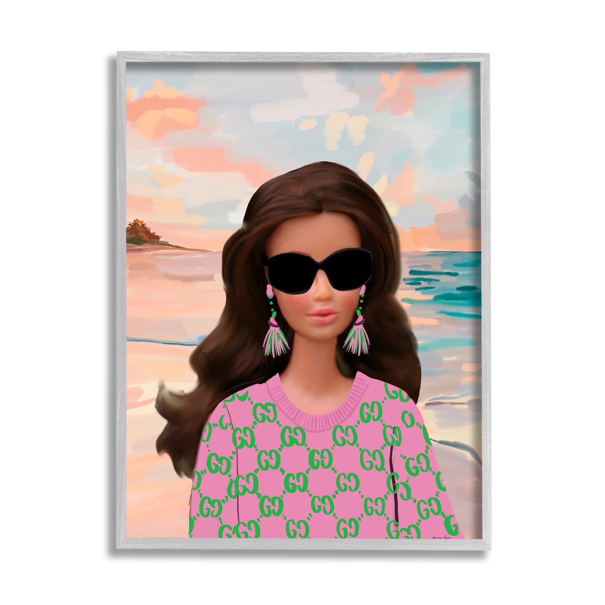 Stupell Industries Abstract Fashionista on Beach Landscape Painting Gray Framed Art Print Wall Art, 16 x 20