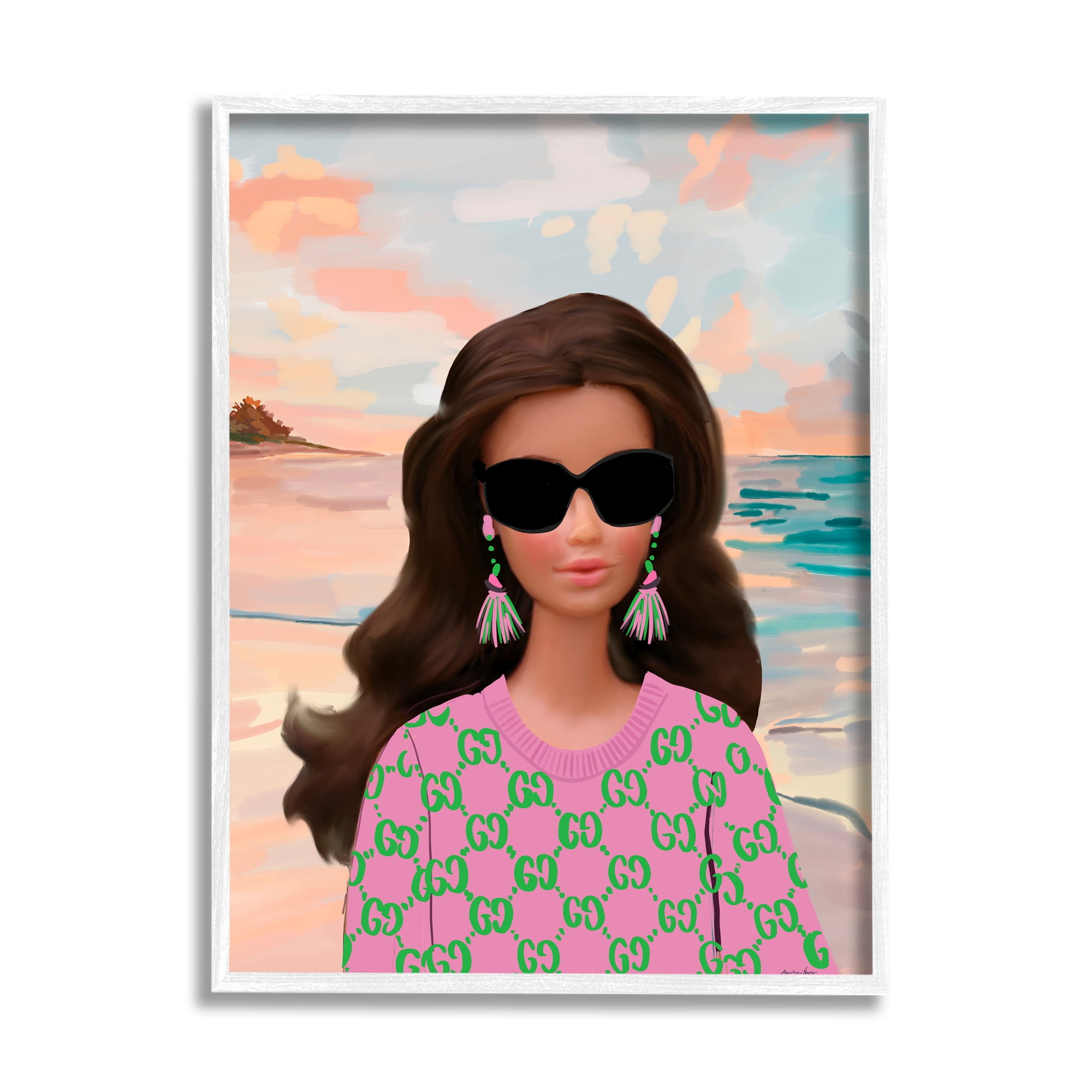 Stupell Industries Abstract Fashionista on Beach Landscape Painting White Framed Art Print Wall Art, 11 x 14