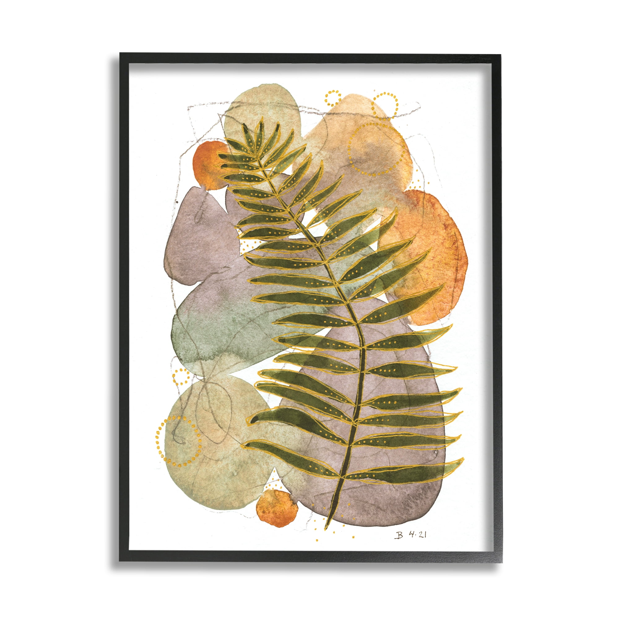 Stupell Industries Abstract Fern & Pebbles Botanical & Floral Painting Black Framed Art Print Wall Art, 16 x 20