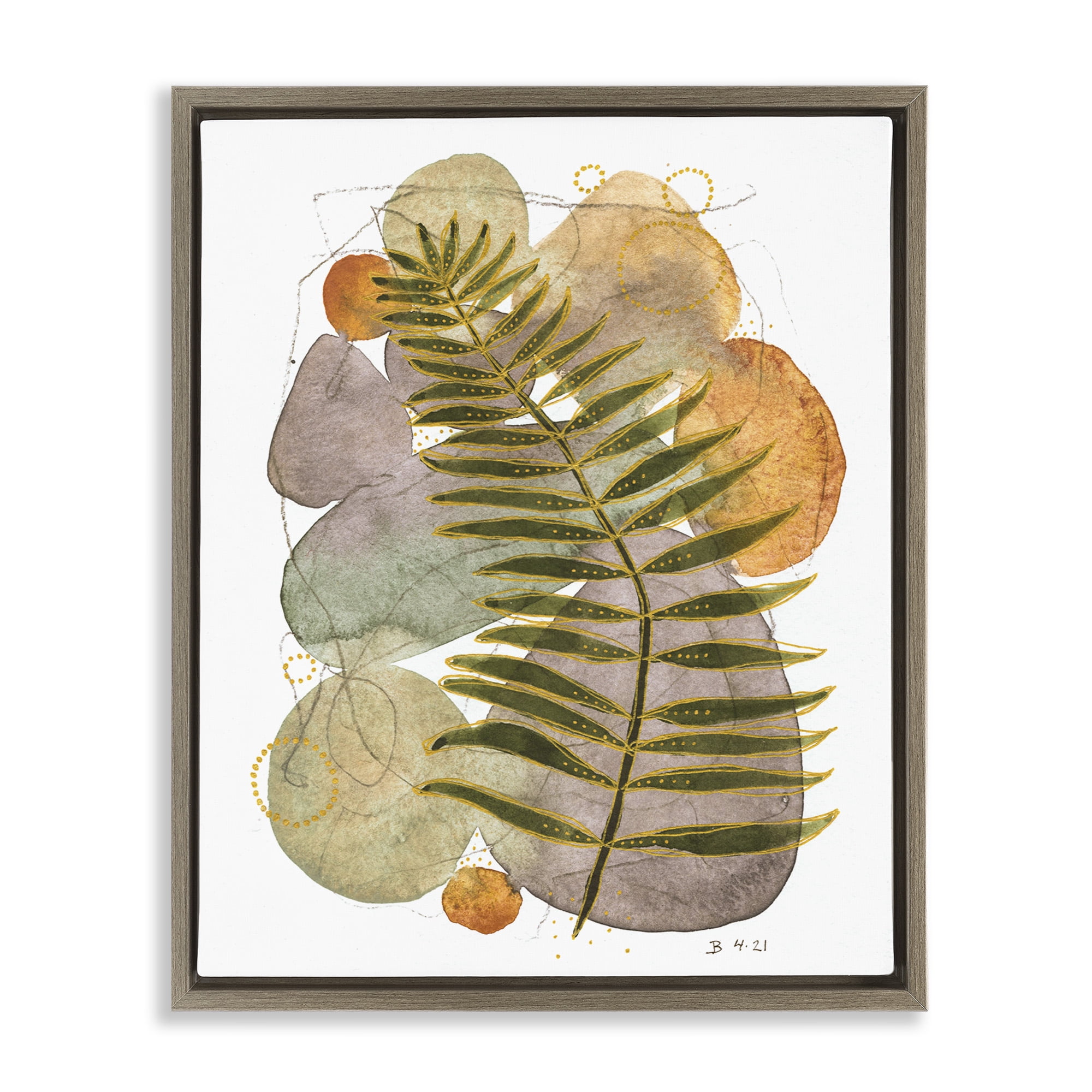 Stupell Industries Abstract Fern & Pebbles Botanical & Floral Painting Brown Floater Framed Canvas Art Print Wall Art, 17 x 21