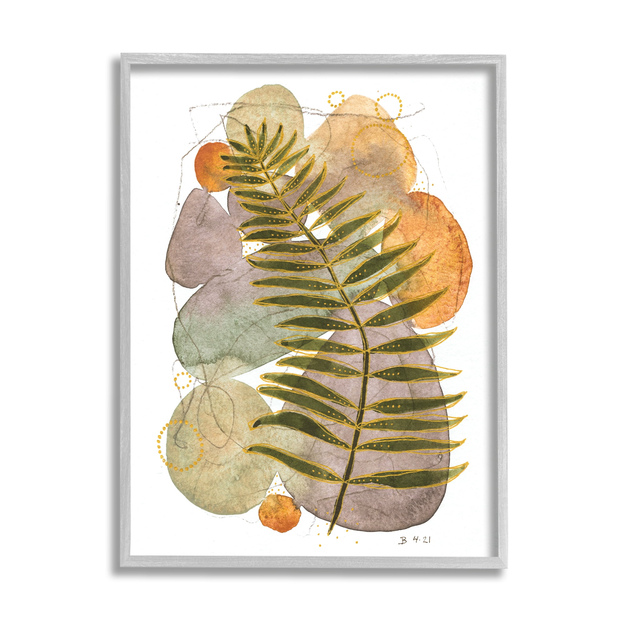 Stupell Industries Abstract Fern & Pebbles Botanical & Floral Painting Gray Framed Art Print Wall Art, 24 x 30