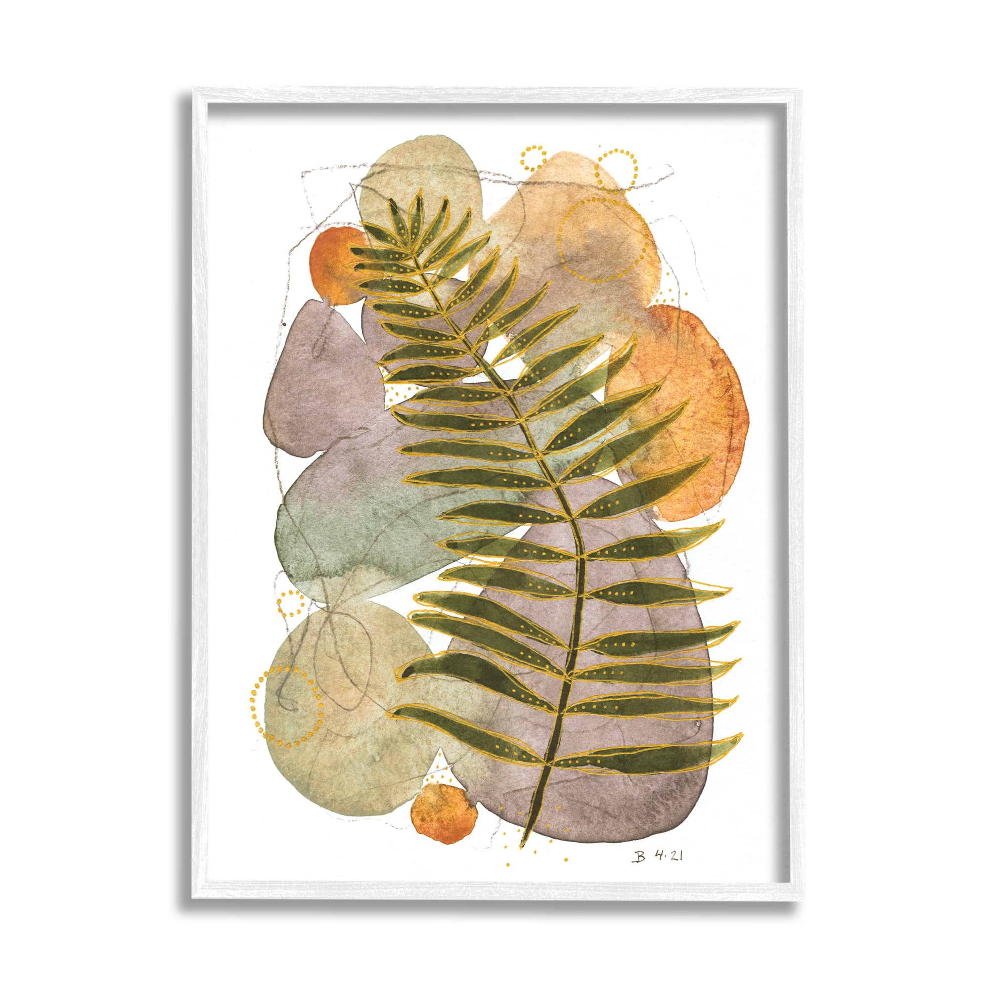 Stupell Industries Abstract Fern & Pebbles Botanical & Floral Painting White Framed Art Print Wall Art, 16 x 20