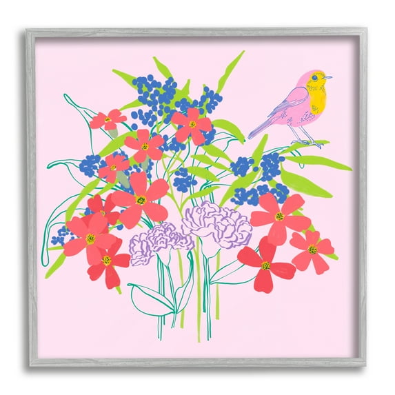 Stupell Industries Abstract Floral Arrangement Animals & Insects Painting Gray Framed Art Print Wall Art, 17 x 17