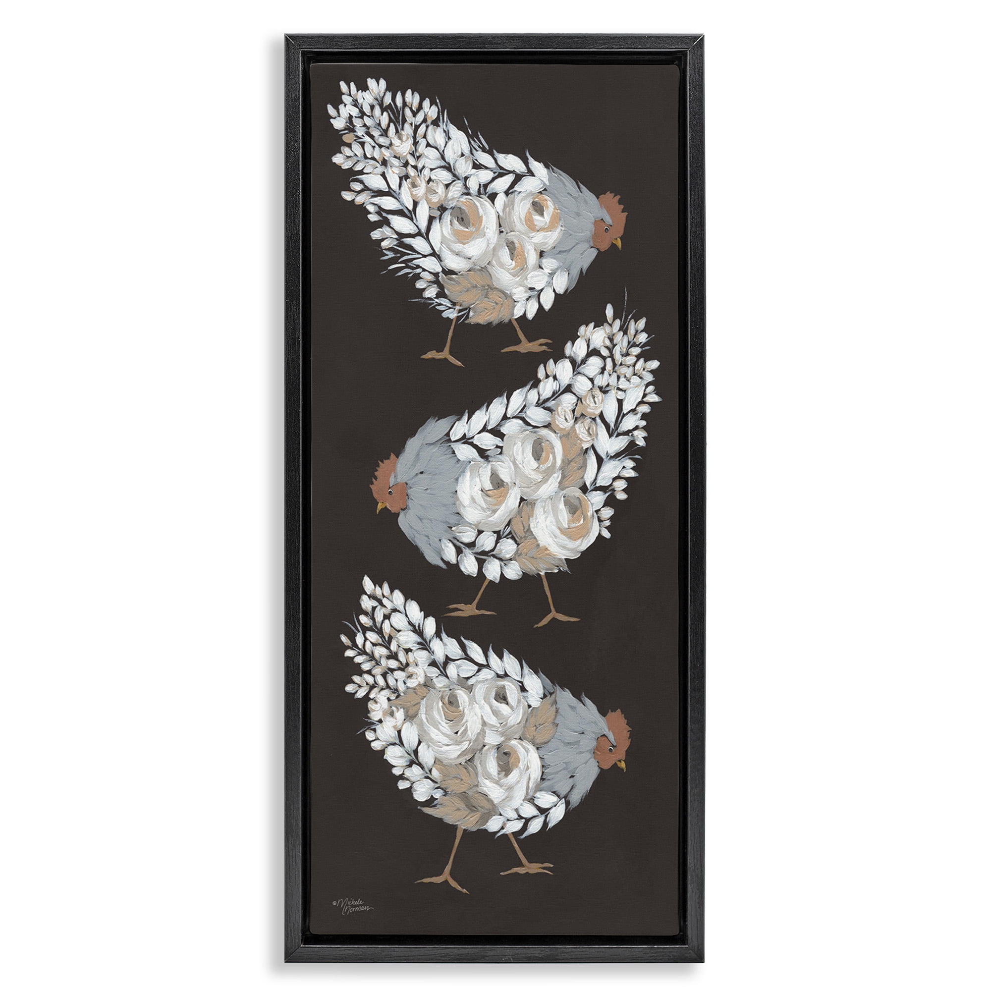 Stupell Industries Abstract Floral Body Hens Animals & Insects Painting Black Floater Framed Canvas Art Print Wall Art, 11 x 25