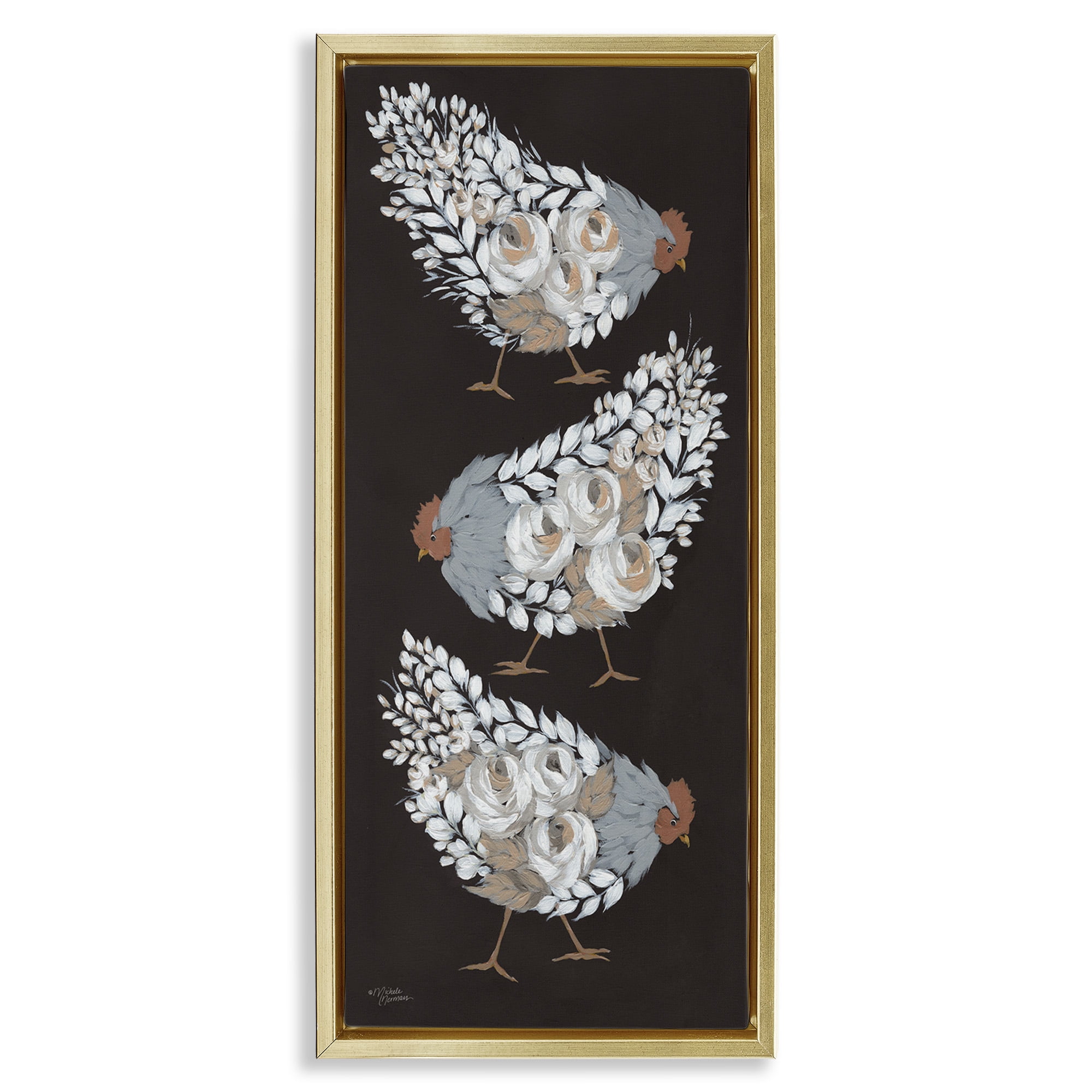 Stupell Industries Abstract Floral Body Hens Animals & Insects Painting Gold Floater Framed Canvas Art Print Wall Art, 15 x 31