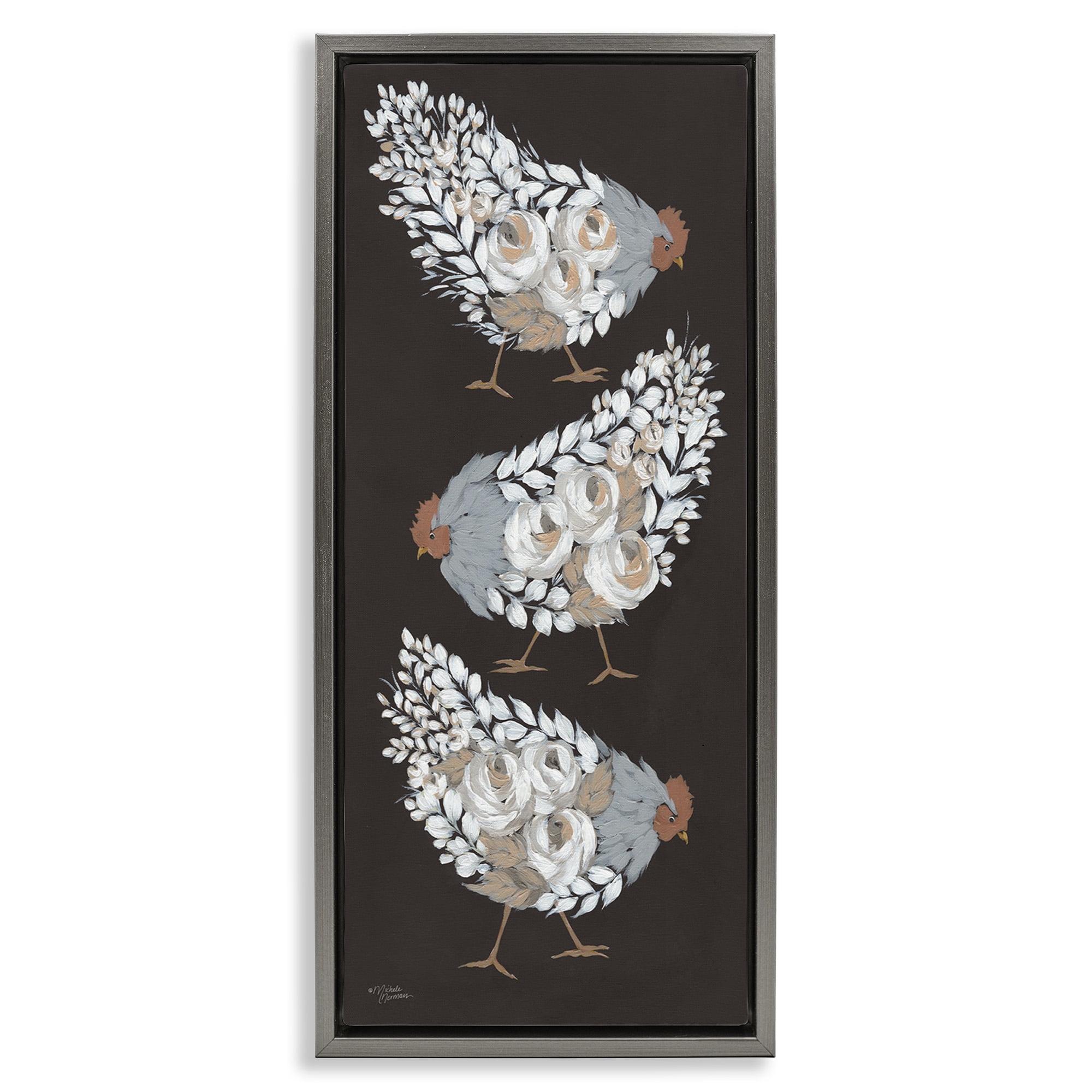 Stupell Industries Abstract Floral Body Hens Animals & Insects Painting Gray Floater Framed Canvas Art Print Wall Art, 11 x 25