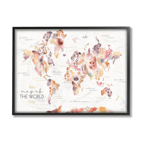 Stupell Industries Abstract Floral World Map Watercolor Pink Purple Black Framed by Laura Marshall