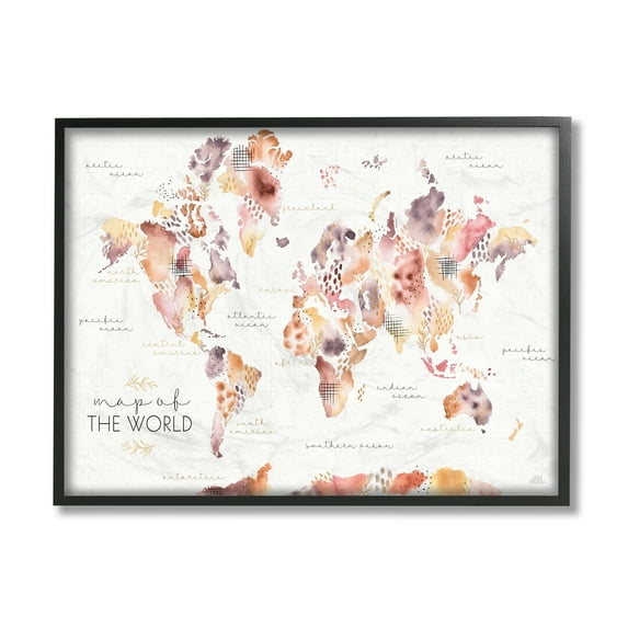 Stupell Industries Abstract Floral World Map Watercolor Pink Purple Black Framed by Laura Marshall