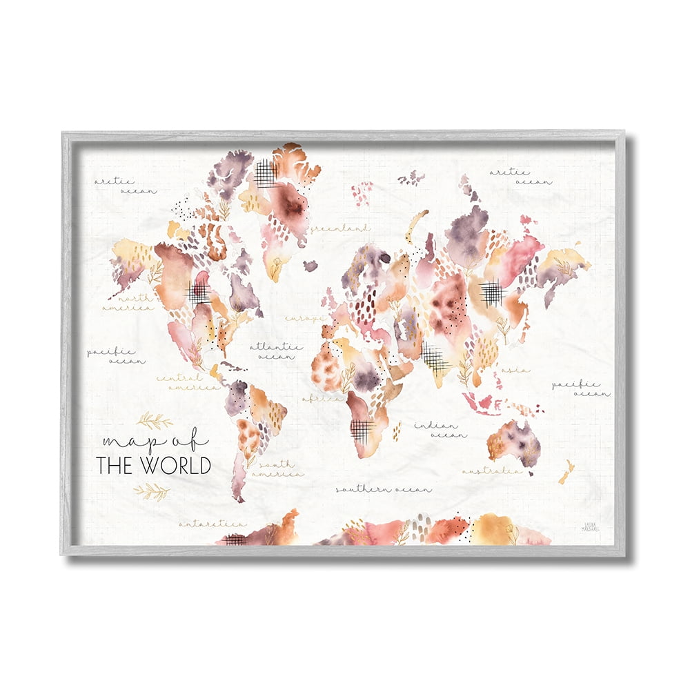 Stupell Industries Abstract Floral World Map Watercolor Pink Purple Gray Framed by Laura Marshall